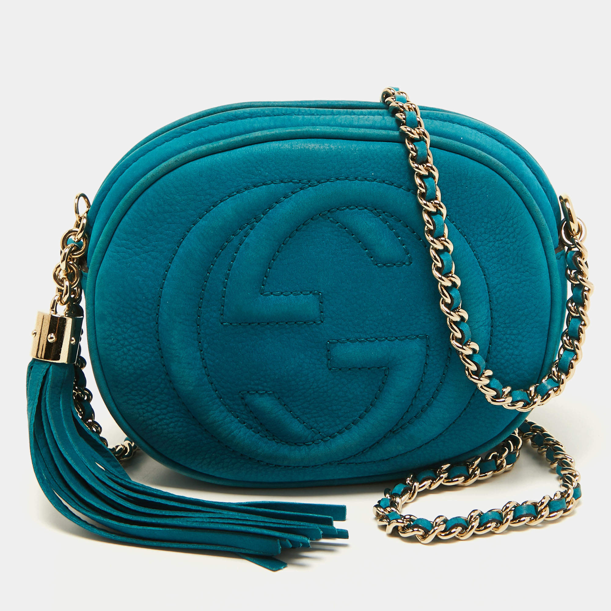 Pre Owned Gucci Turquoise Leather Mini Soho Disco Chain Crossbody Bag