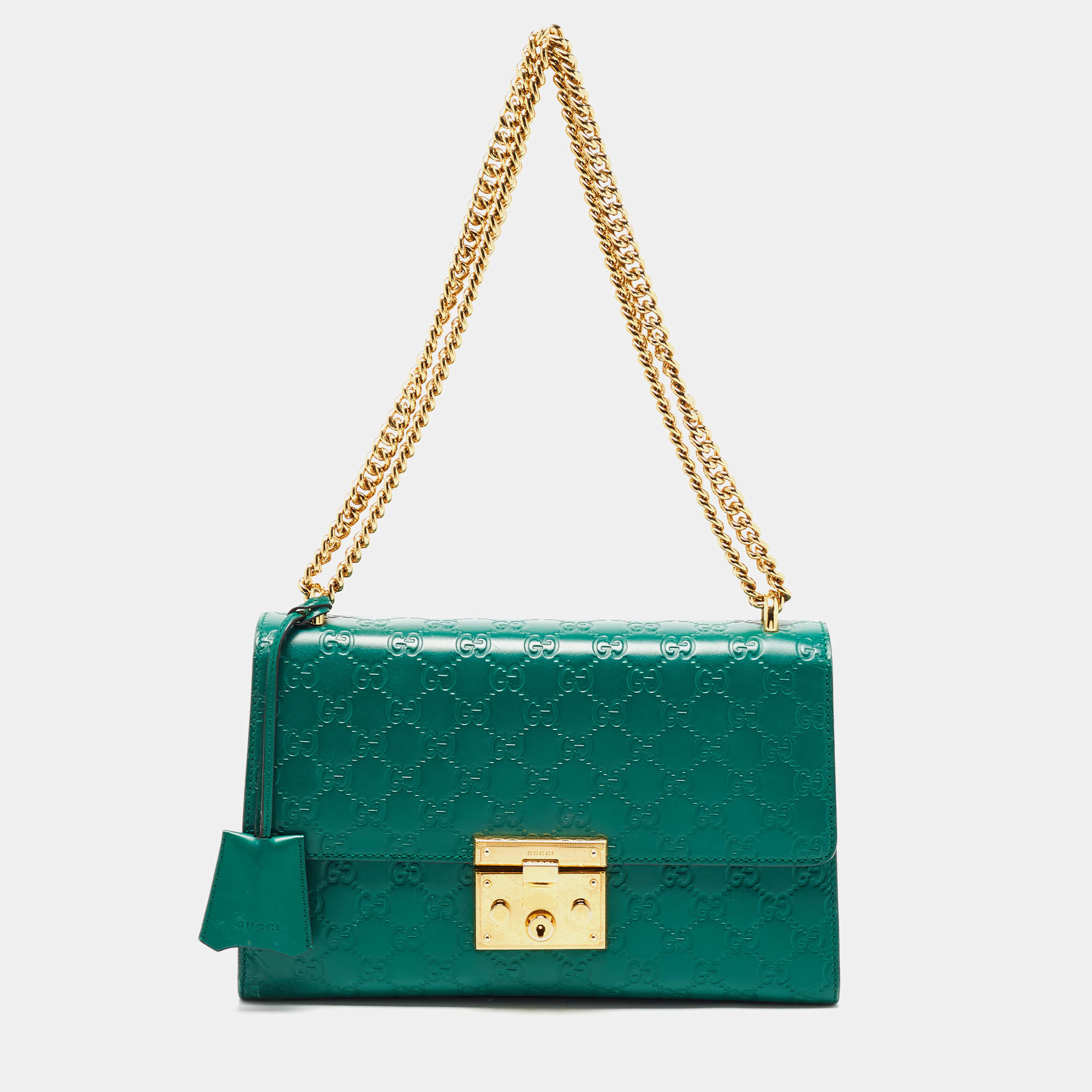 Pre Owned Gucci Green Guccissima Leather Medium Padlock Shoulder Bag
