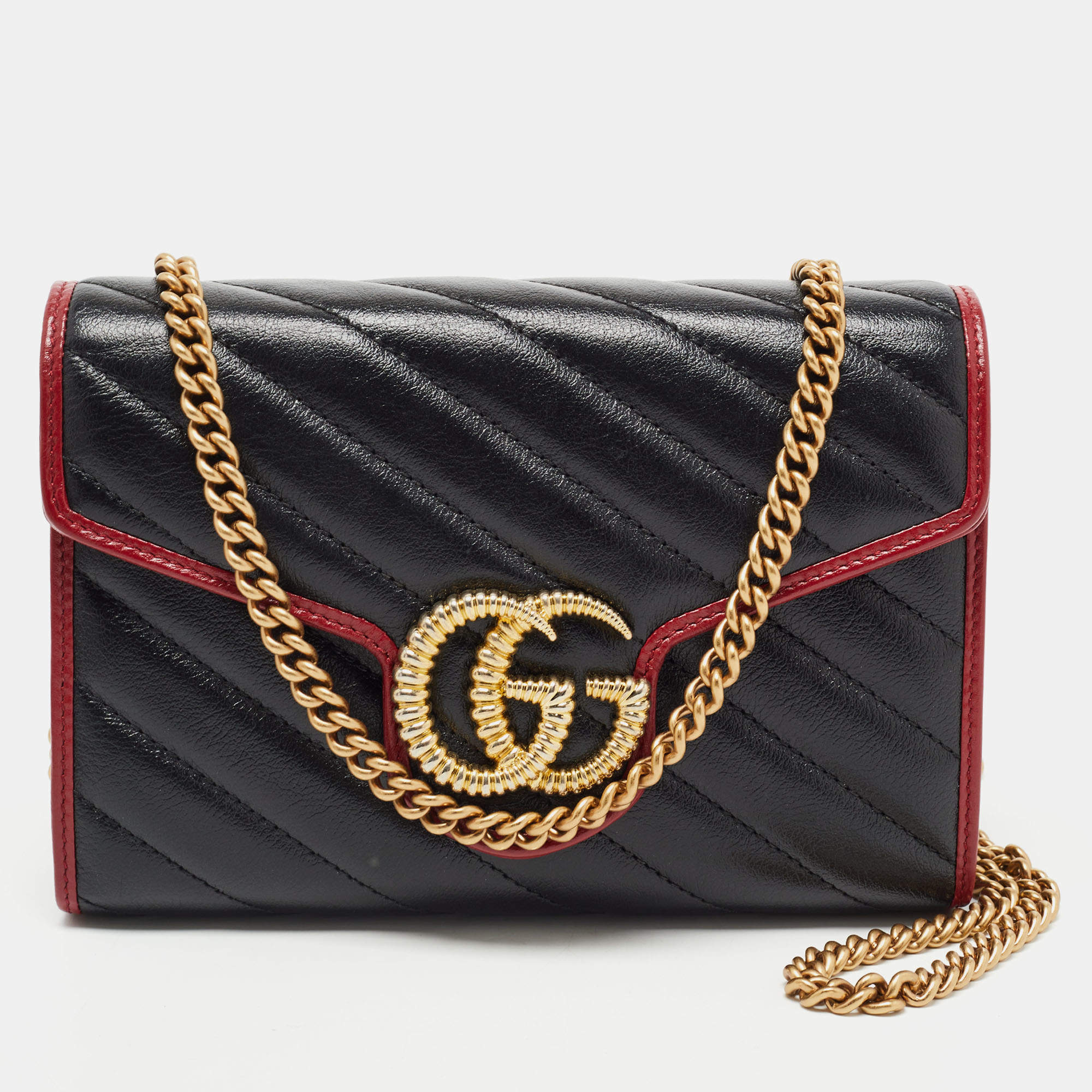 Gucci Black/Red Diagonal Quilt Leather GG Marmont Torchon Wallet on Chain