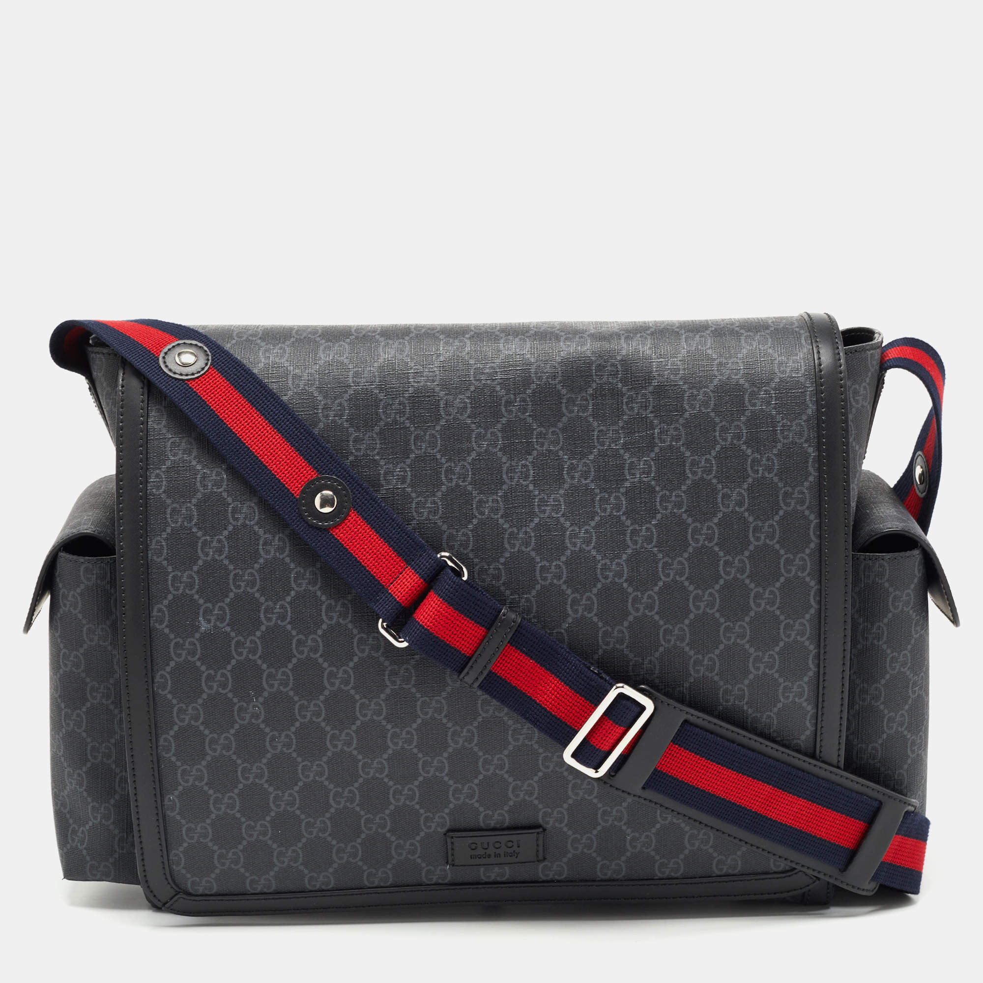 Pre Owned Gucci Dark Grey/Black GG Supreme Canvas and Leather Diaper Bag