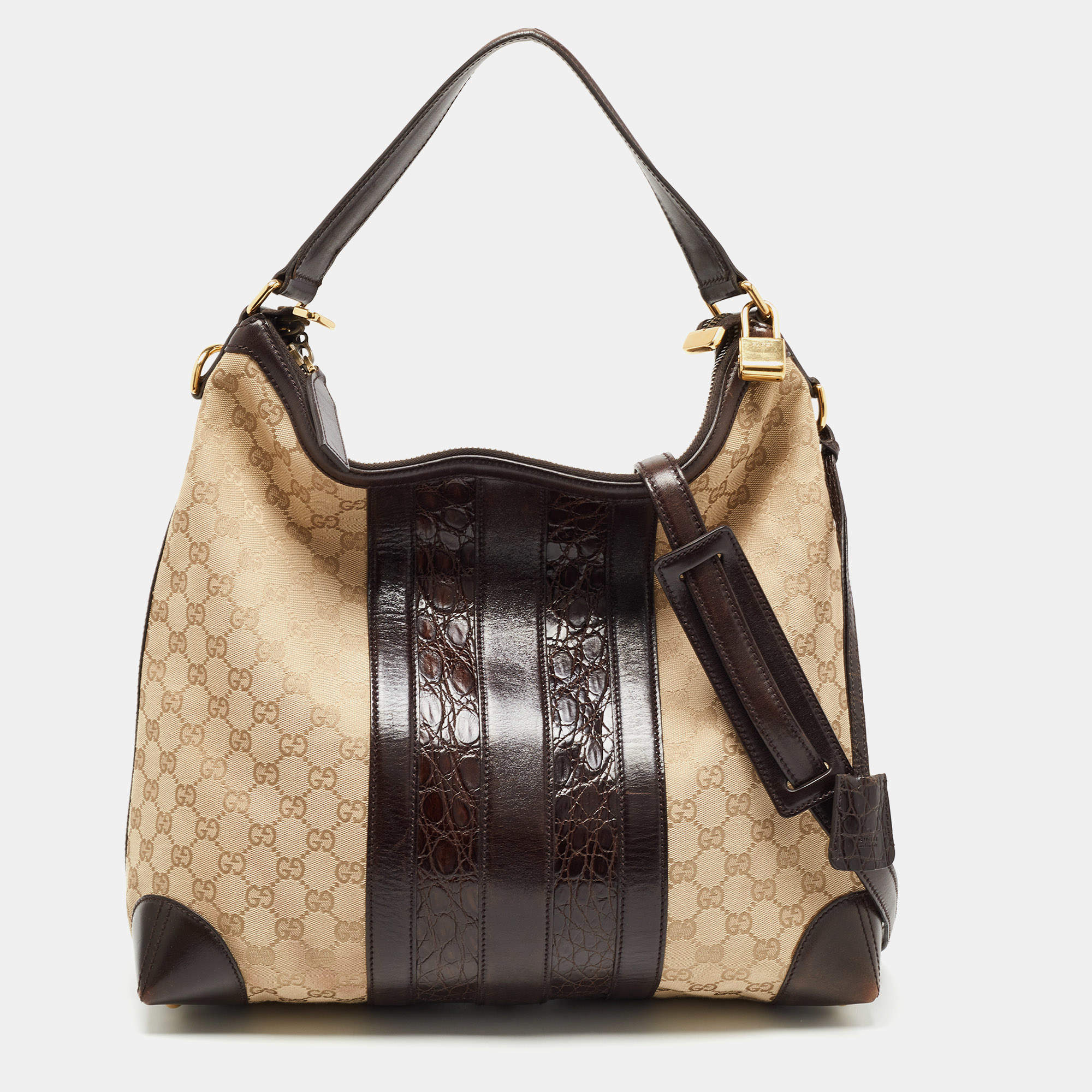 Pre Owned Gucci Beige/Brown GG Canvas and Alligator Medium Secret Hobo
