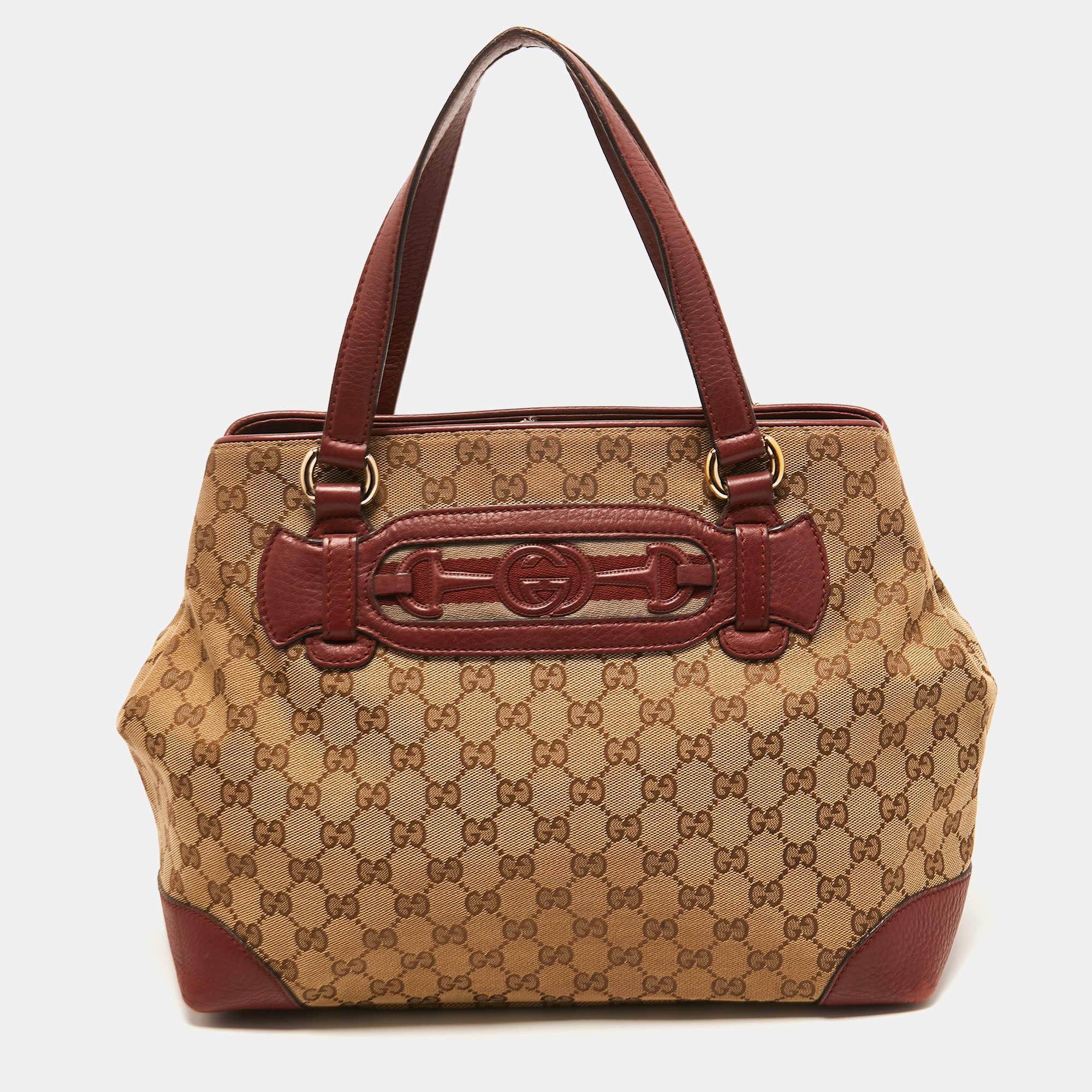 Pre Owned Gucci Red/Beige GG Canvas and Leather Medium Supreme Web Dressage Tote