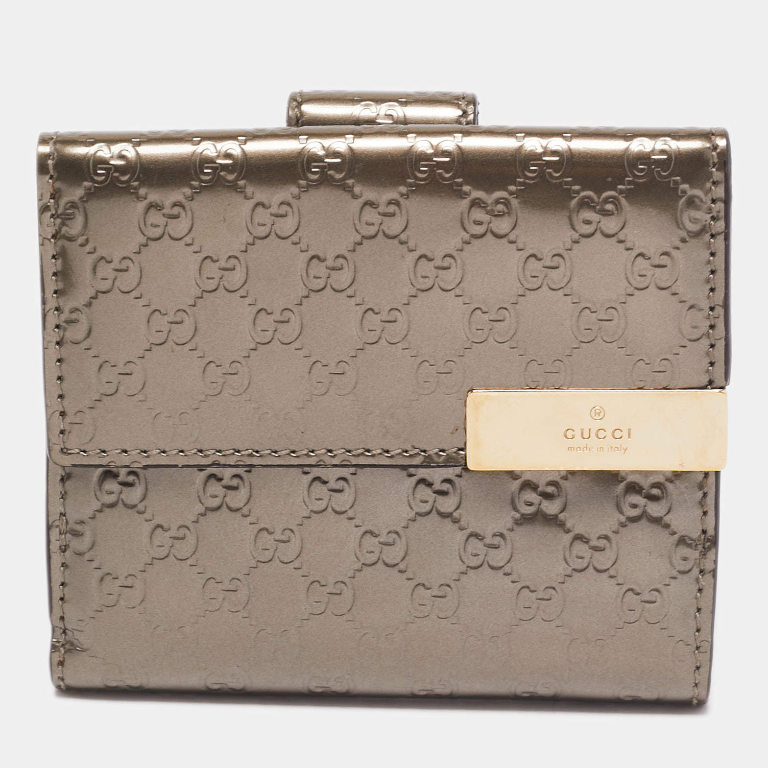 Gucci Light Brown Microguccissima Patent Leather Metal Bar French Wallet