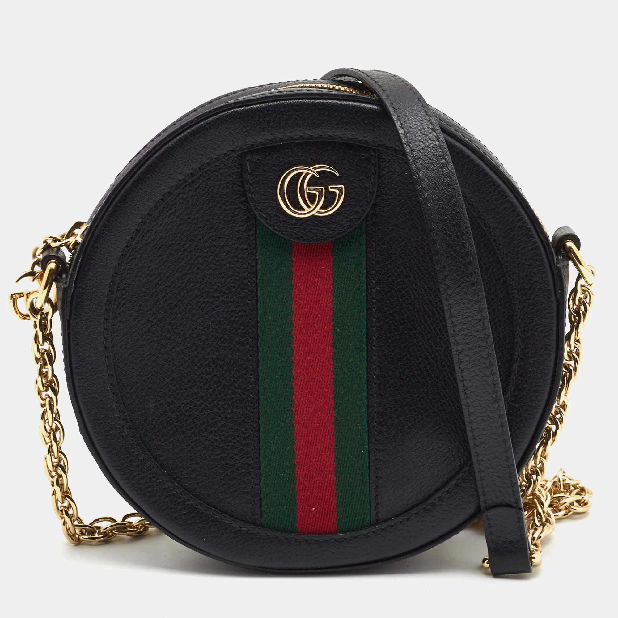 Pre Owned Gucci Black Leather Mini Web Ophidia GG Round Shoulder Bag