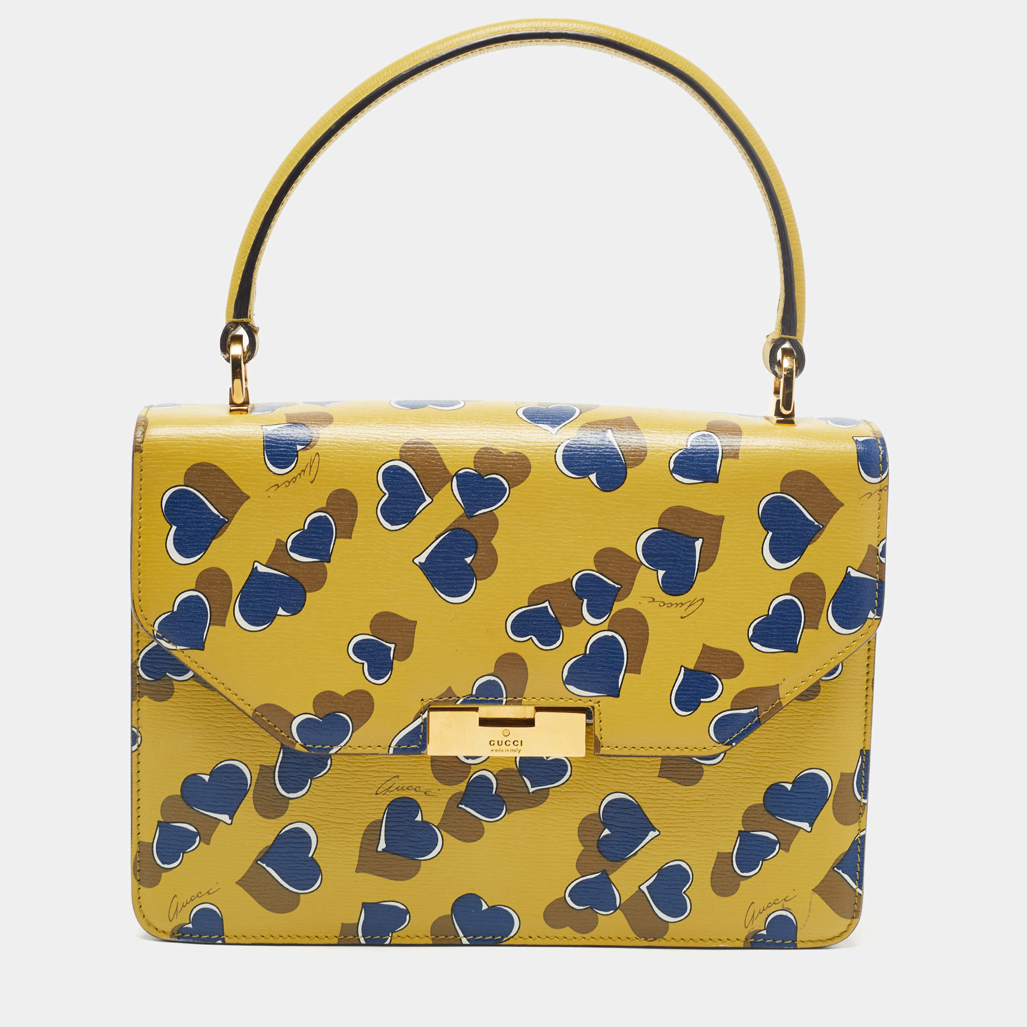 Pre Owned Gucci Yellow/Blue Leather Shanghai Heartbeat Top Handle Bag