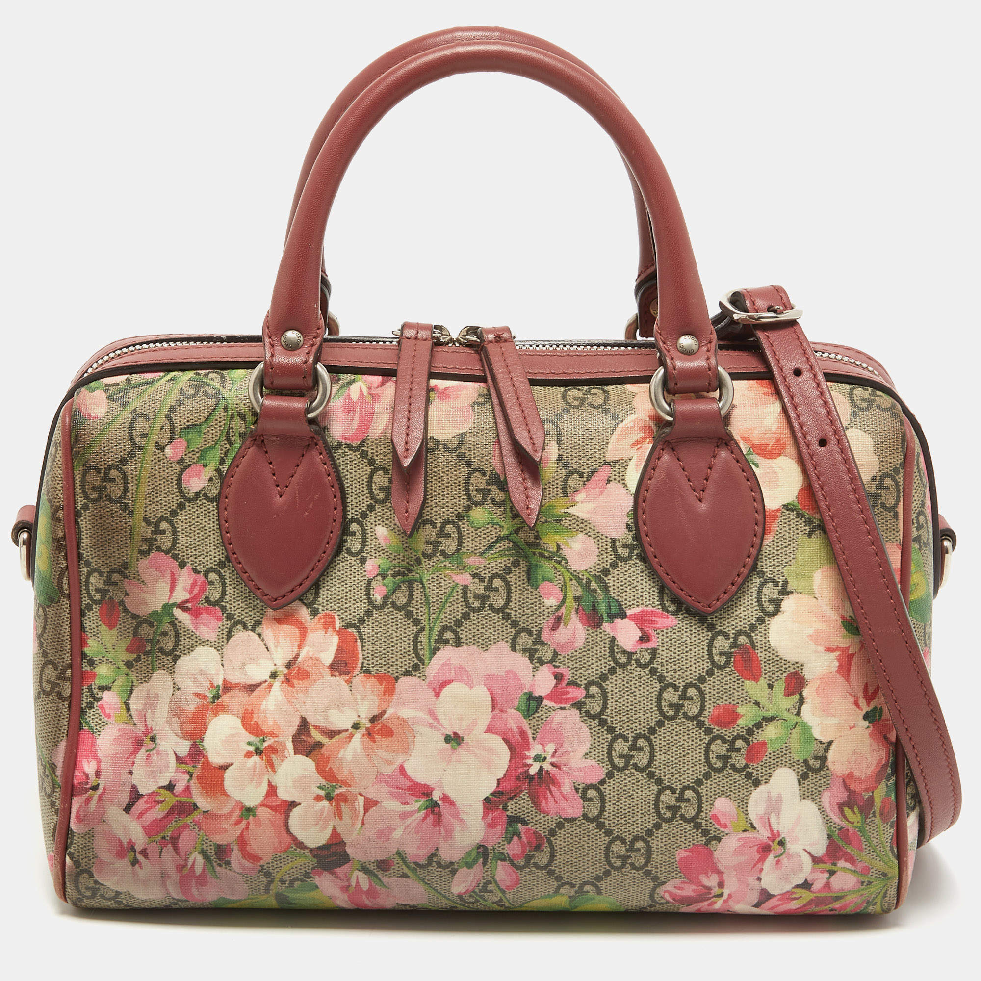 Pre Owned Gucci Old Rose/Beige GG Supreme Canvas Small Blooms Boston Bag
