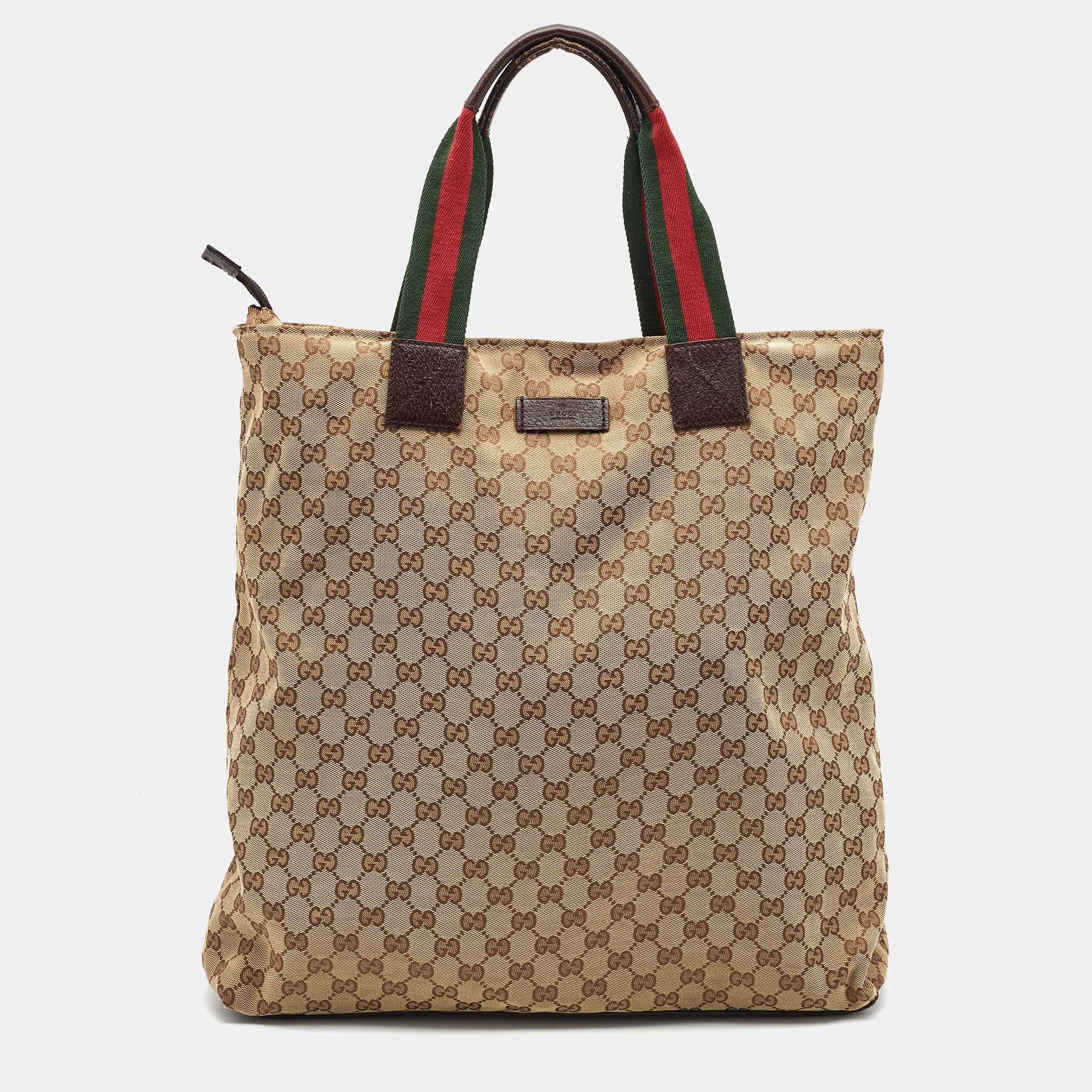 Pre Owned Gucci Beige/Brown GG Canvas Web Handle Vertical Tote