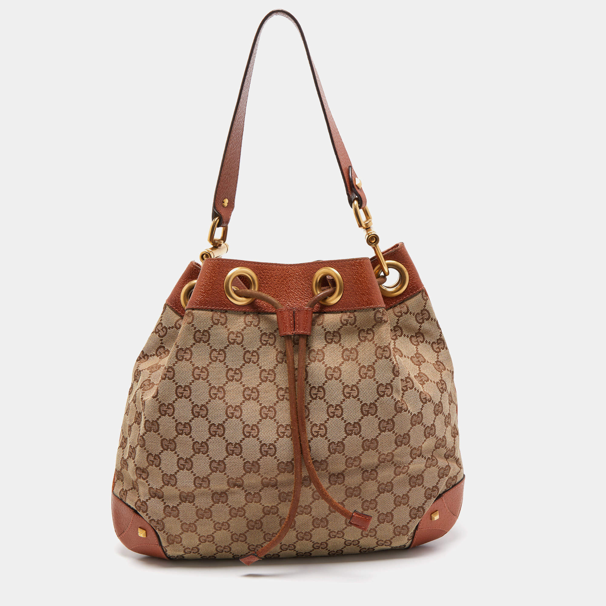Pre Owned Gucci Brown/Beige GG Canvas Drawstring Hobo