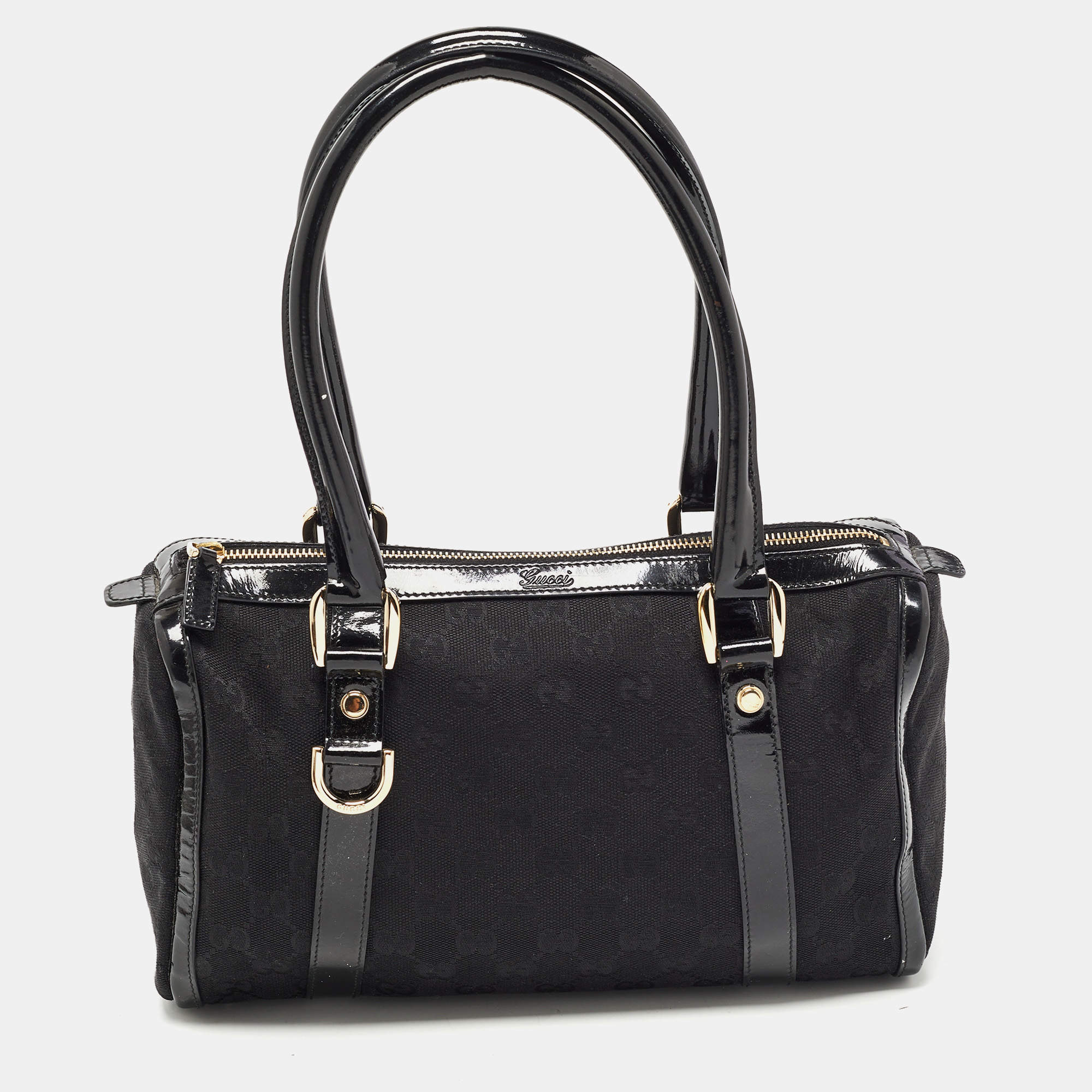 Pre Owned Gucci Black GG Canvas and Patent Leather Small Abbey Boston Bag