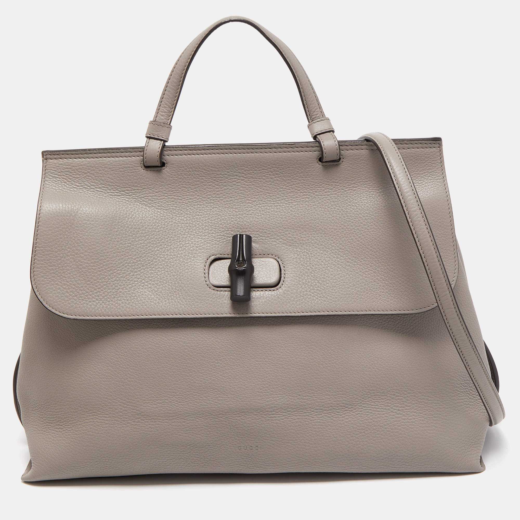 Pre Owned Gucci Grey Leather Large Bamboo Daily Top Handle Bag