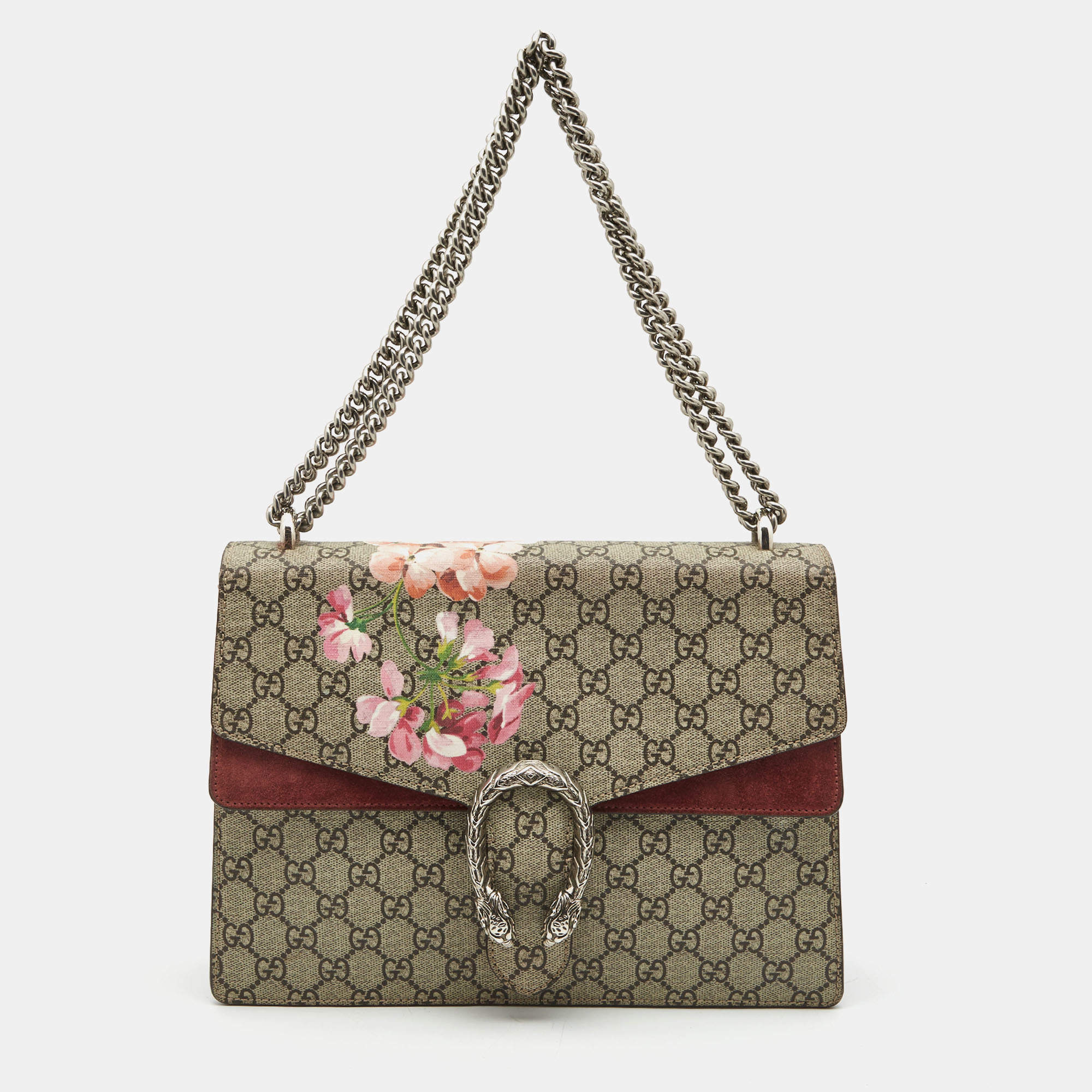 Pre Owned Gucci Beige GG Supreme Canvas and Suede Medium Blooms Dionysus Shoulder Bag