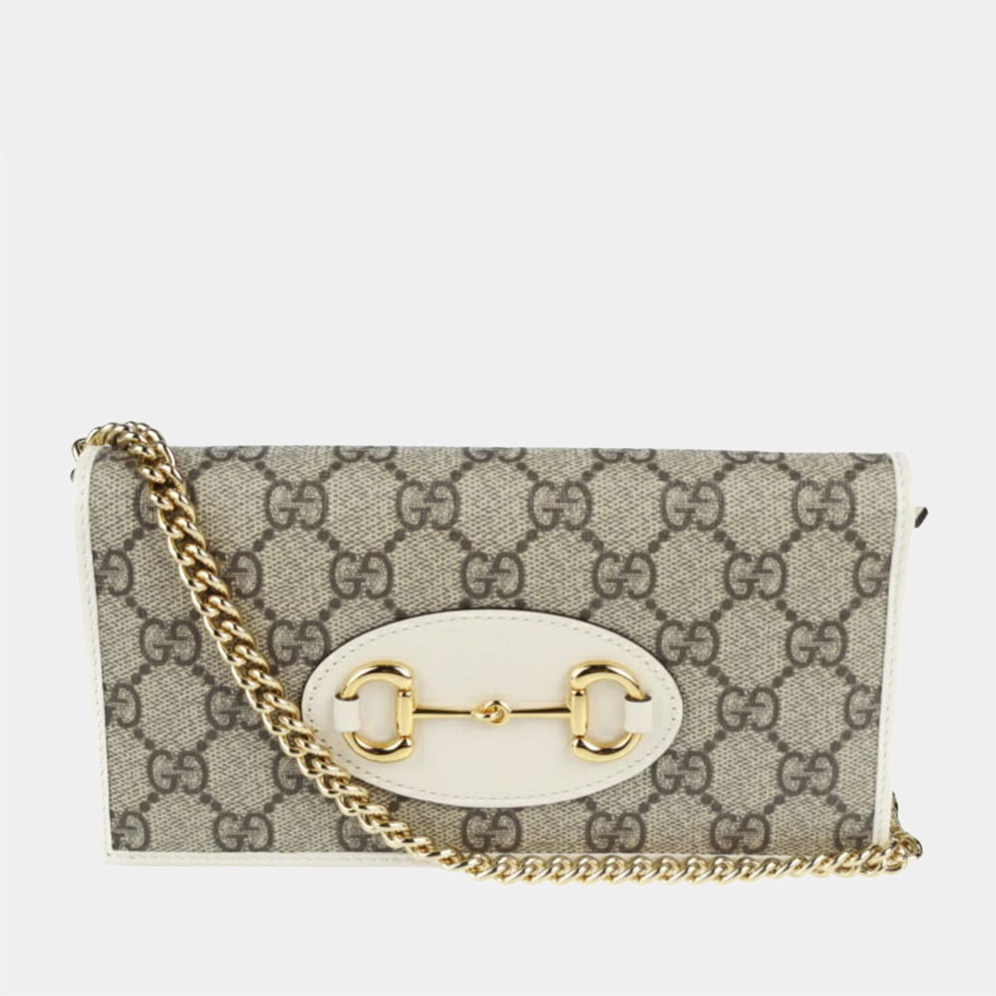 Gucci White/Beige GG Canvas and Leather Horsebit 1955 Wallet on Chain