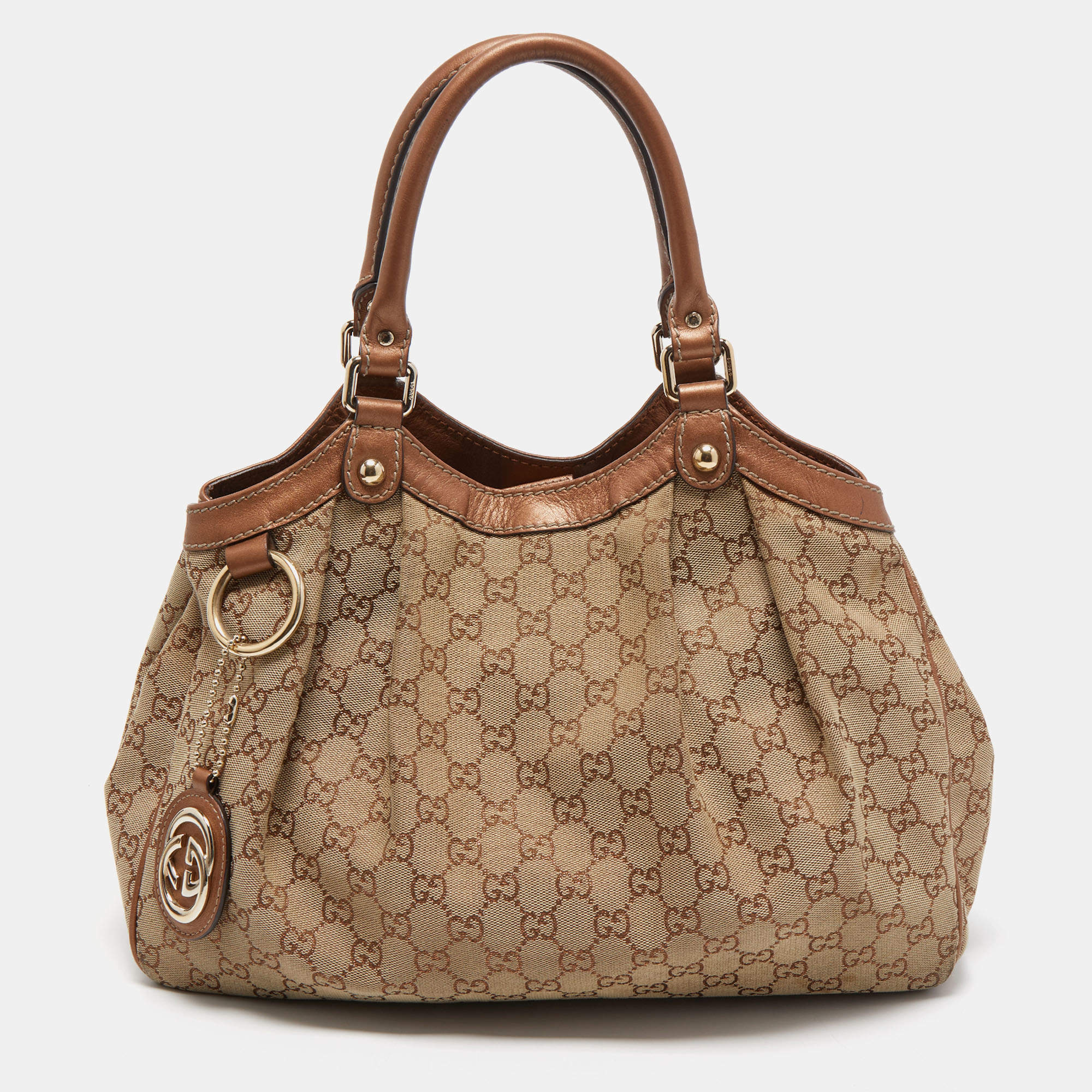 Pre Owned Gucci Bronze/Beige GG Canvas and Leather Medium Sukey Tote