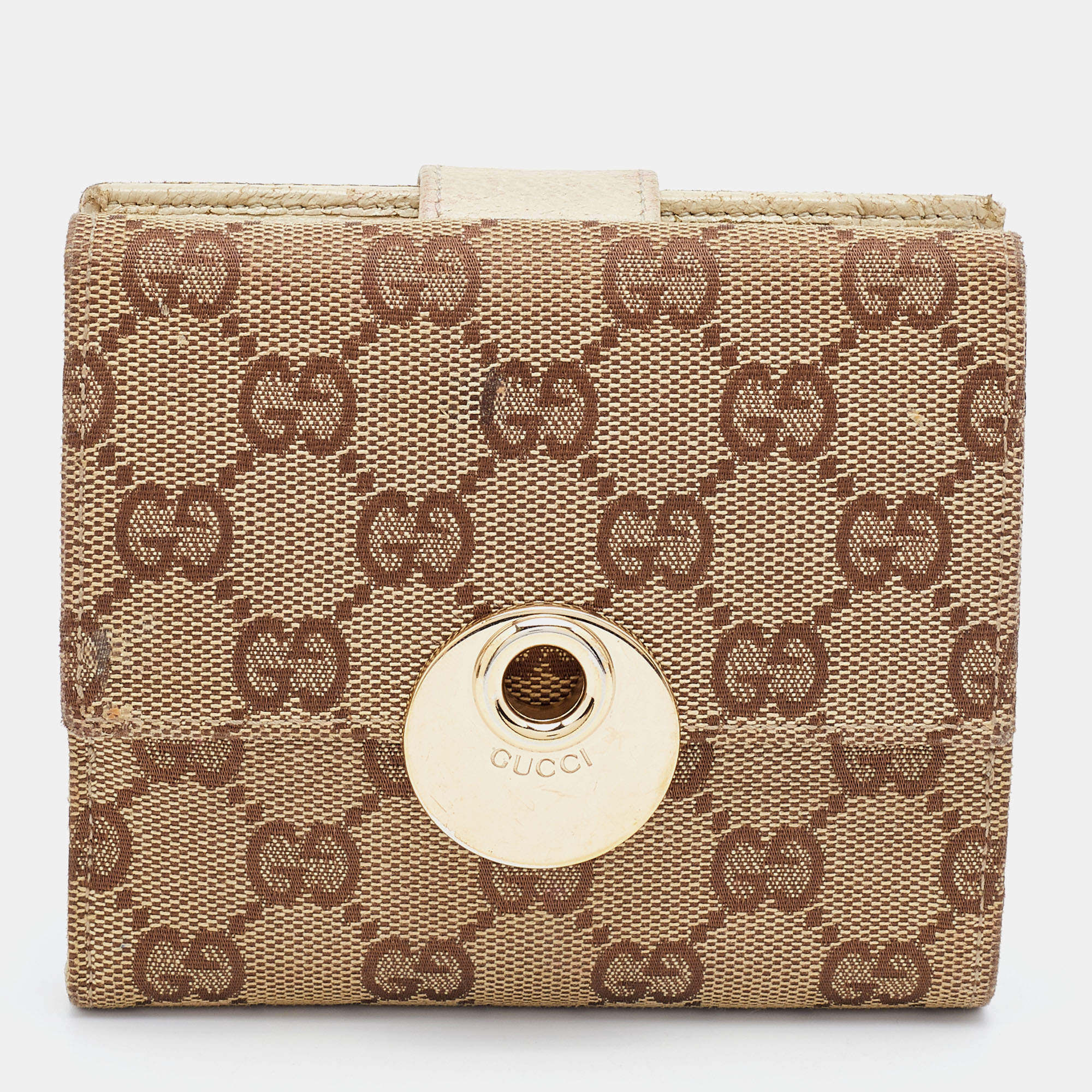 Gucci Beige GG Canvas and Leather Flap French Wallet
