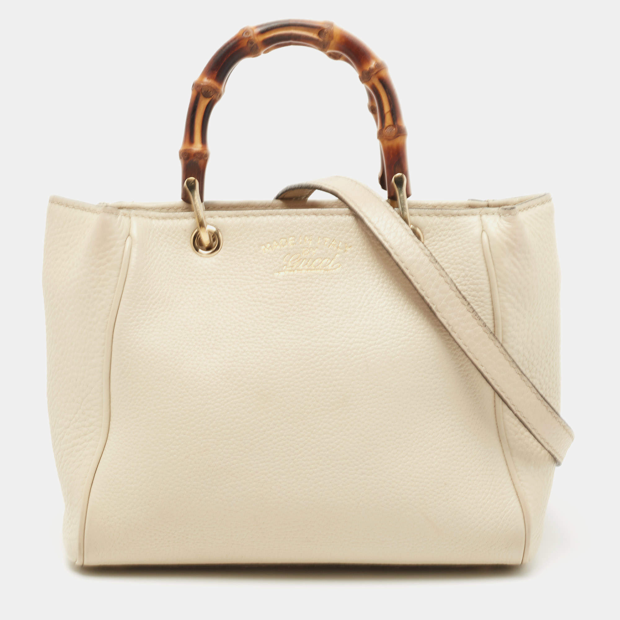 Pre Owned Gucci Off White Leather Mini Bamboo Tote
