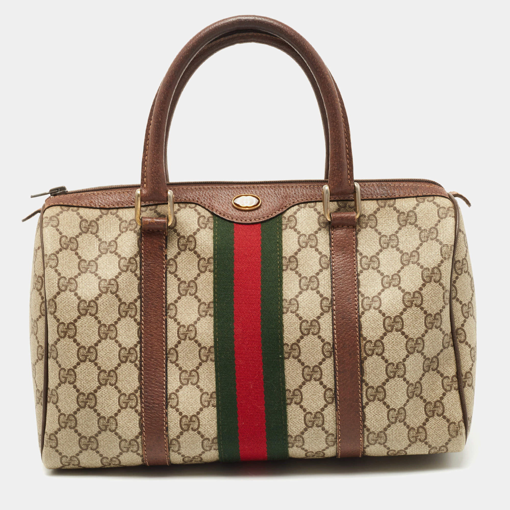 Pre Owned Gucci Brown/Beige GG Canvas Medium Vintage Web Boston Bag
