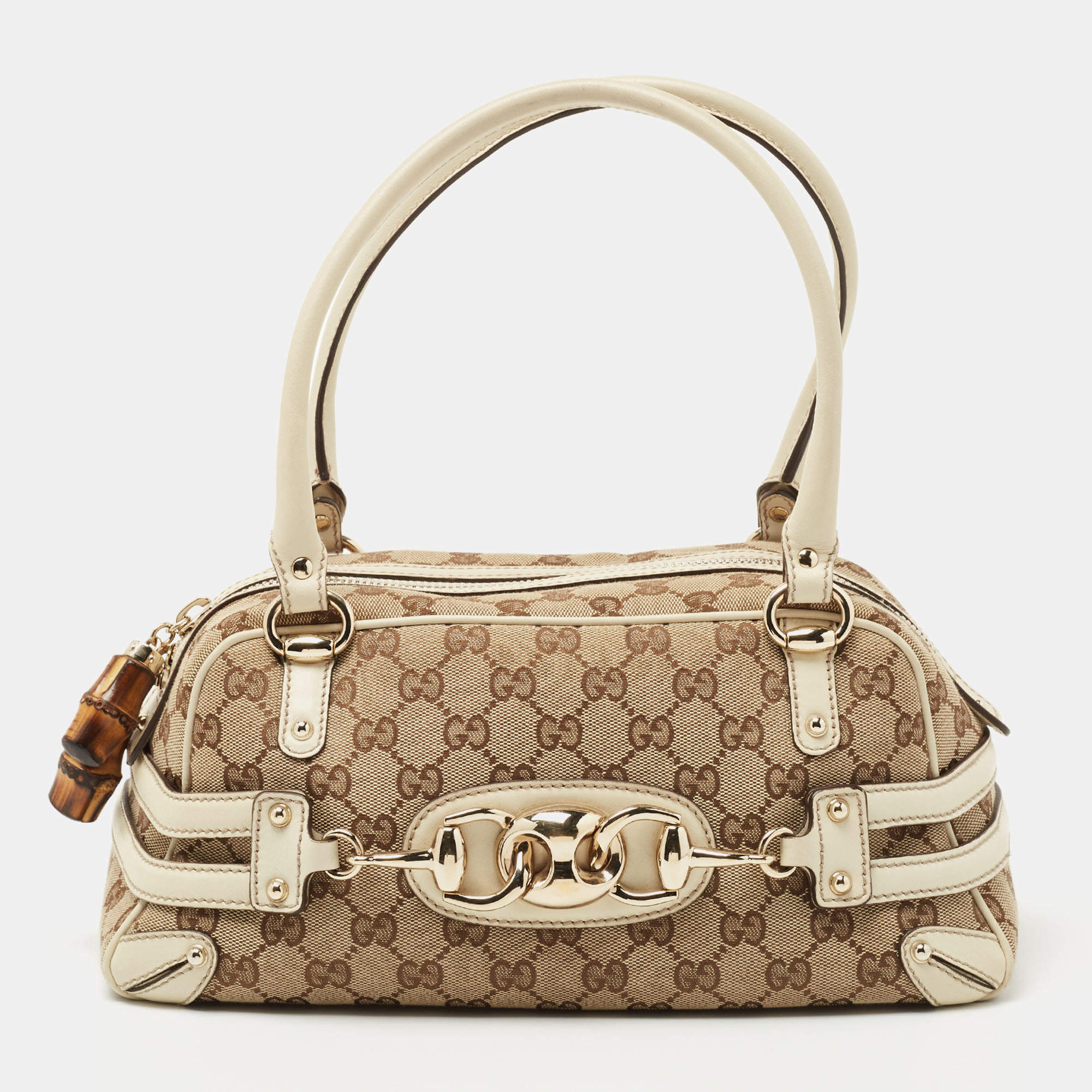 Pre Owned Gucci Beige/White GG Canvas and Leather Wave Boston Bag