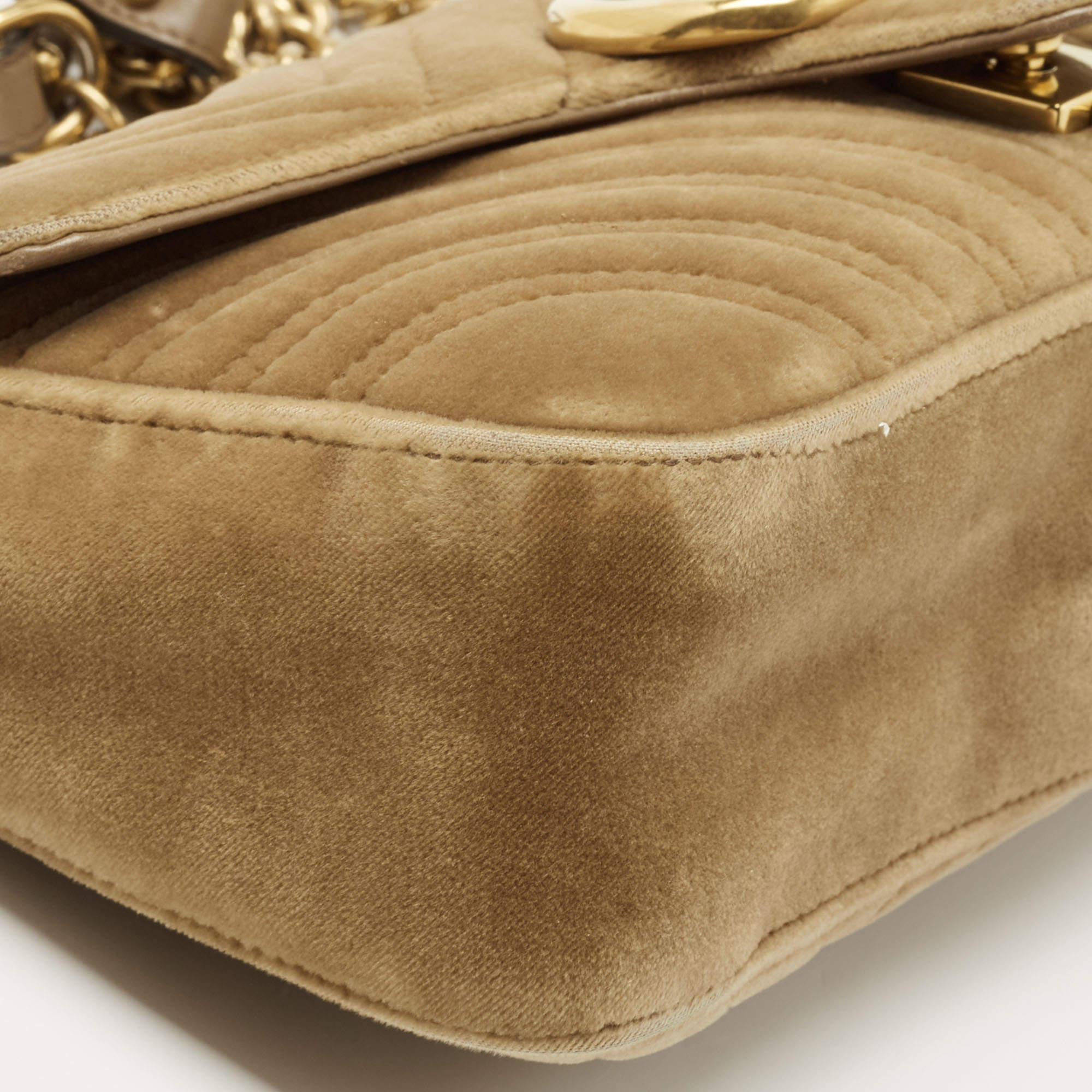 Gucci Beige Matelassé Velvet Small GG Marmont Shoulder Bag For