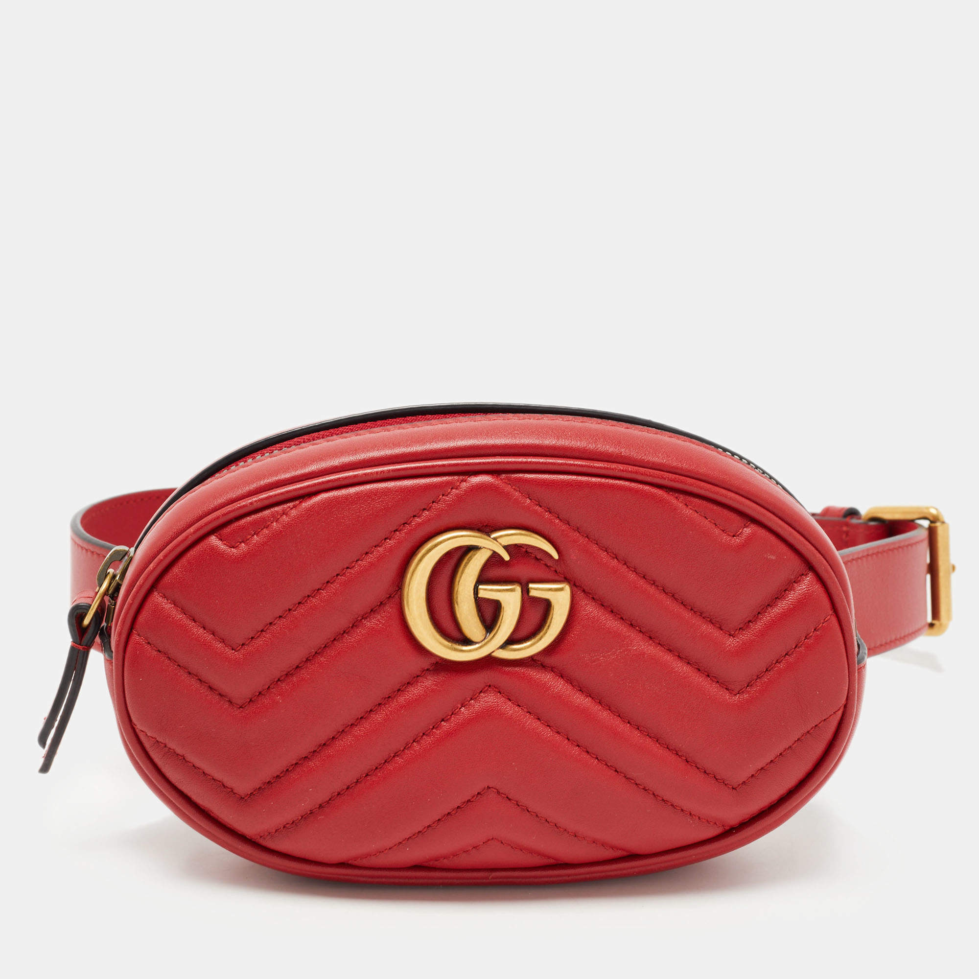 Pre Owned Gucci Red Matelassé Leather GG Marmont Belt Bag