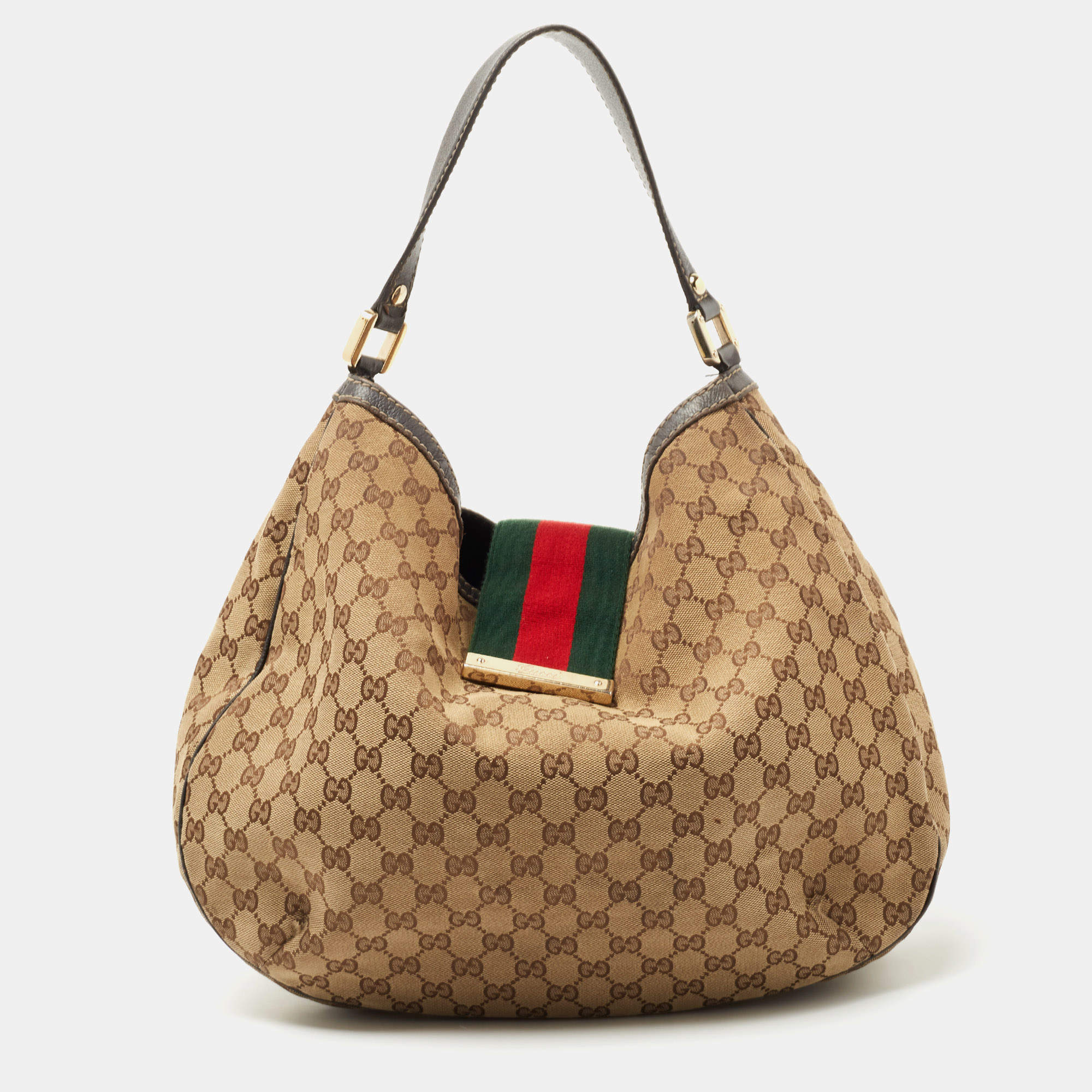 Pre Owned Gucci Beige/Ebony GG Canvas Medium New Ladies Web Hobo