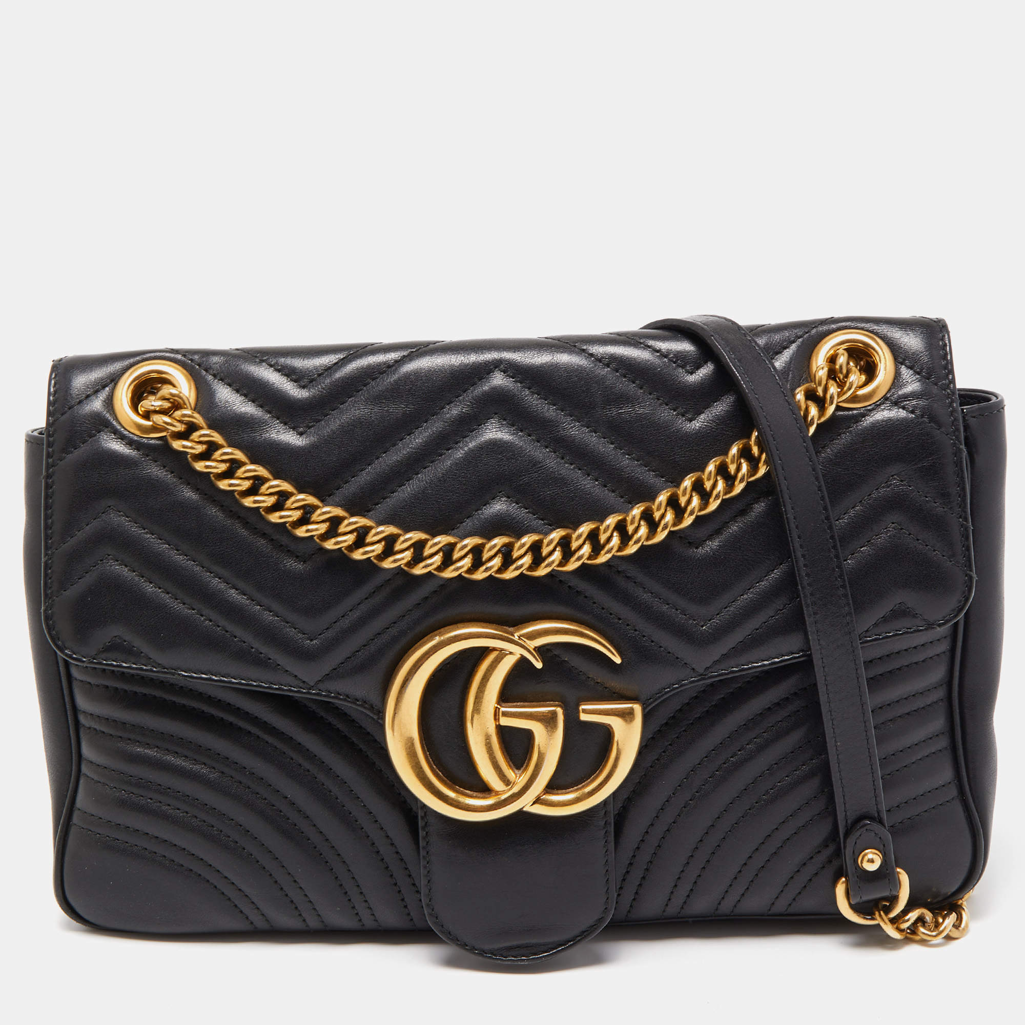 Pre Owned Gucci Black Matelassé Leather Medium GG Marmont Shoulder Bag