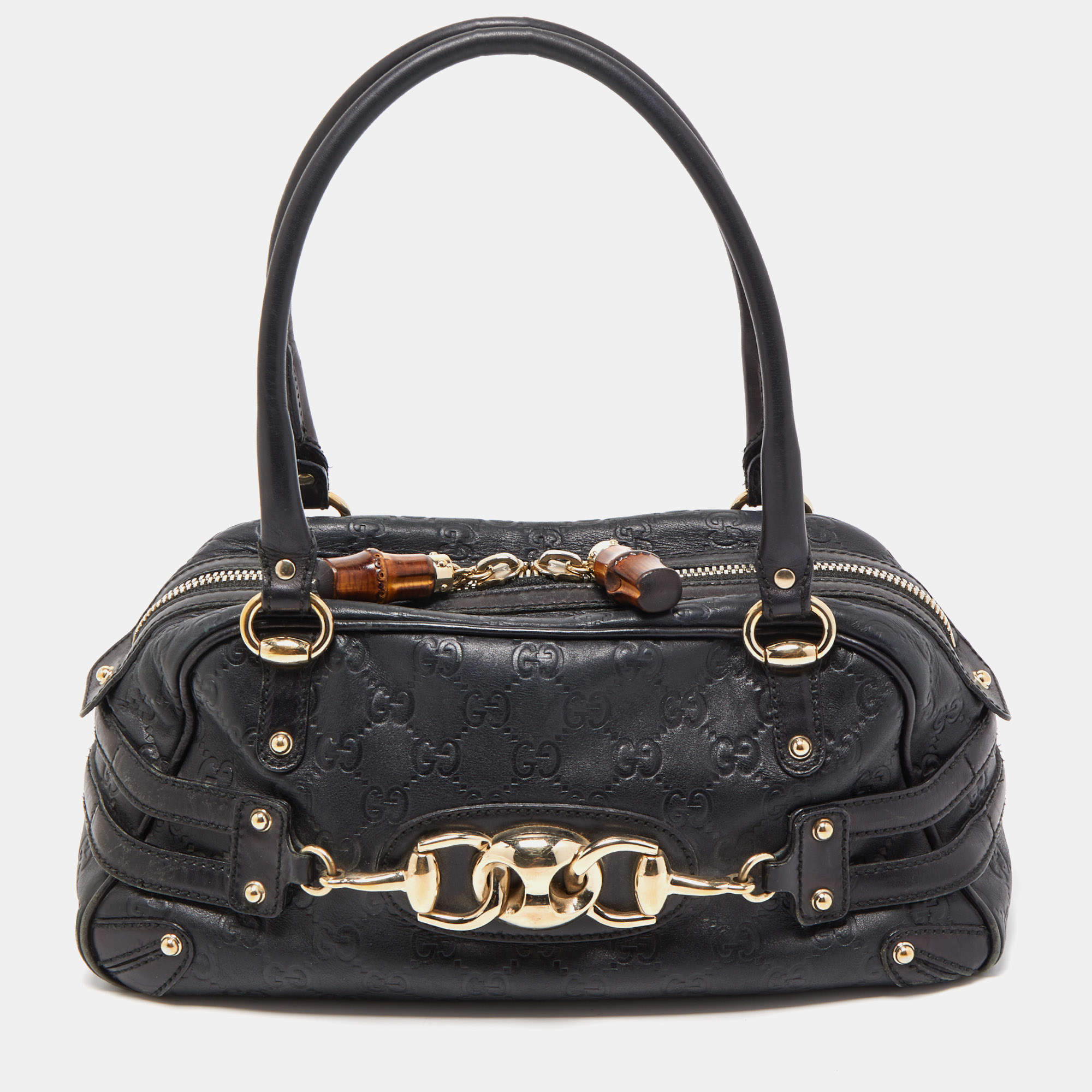 Pre Owned Gucci Black Leather Guccissima Horsebit Wave Boston Bag