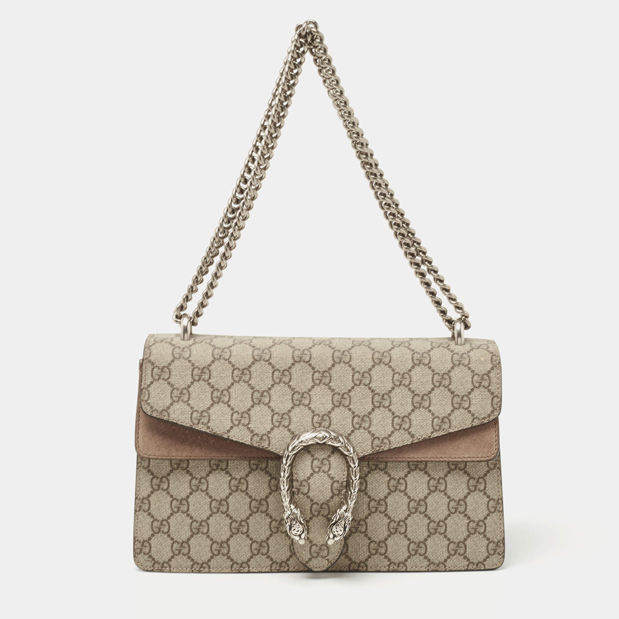 Gucci Beige GG Supreme Canvas and Suede Small Dionysus Shoulder Bag