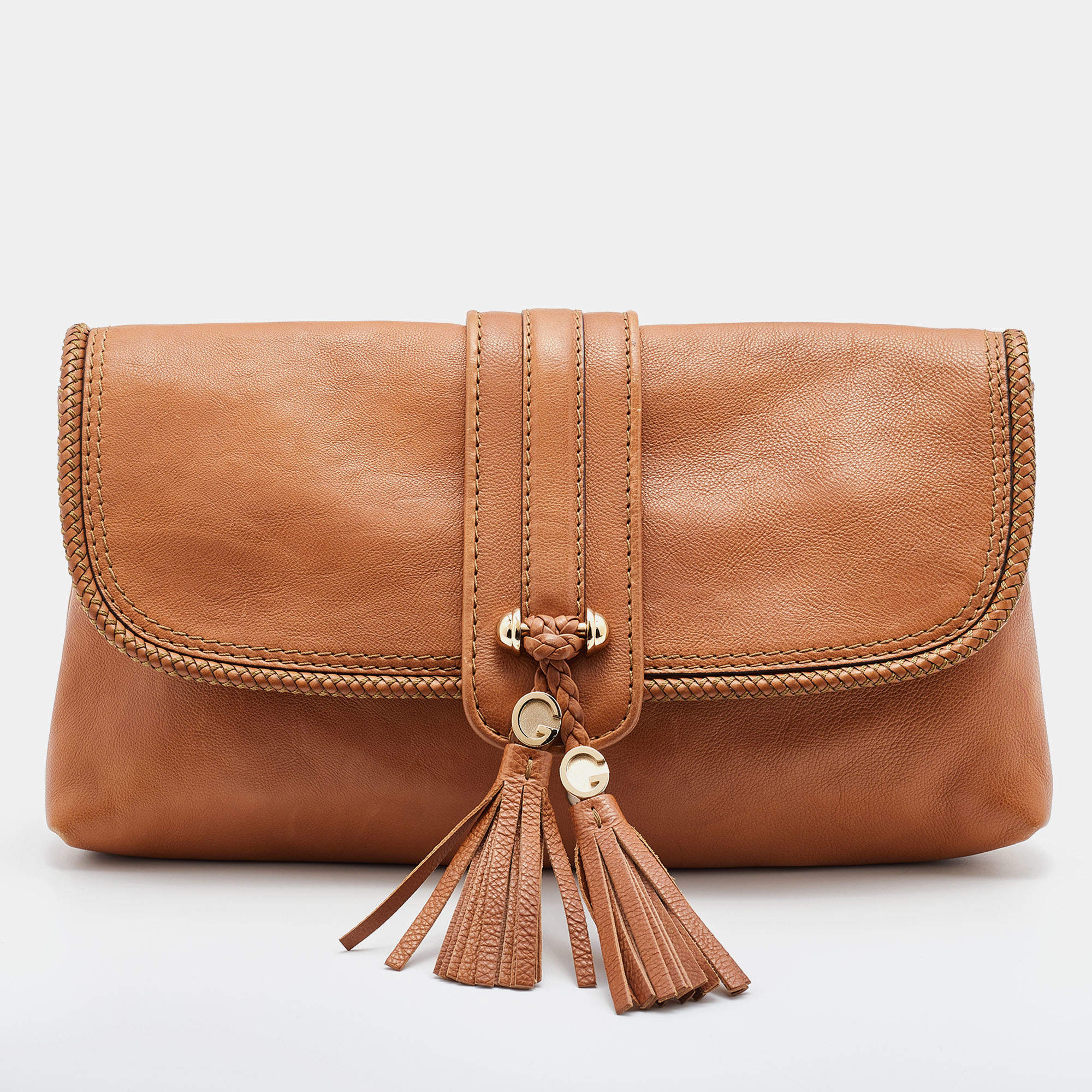 Pre Owned Gucci Camel Pebbled Leather Marrakech Clutch