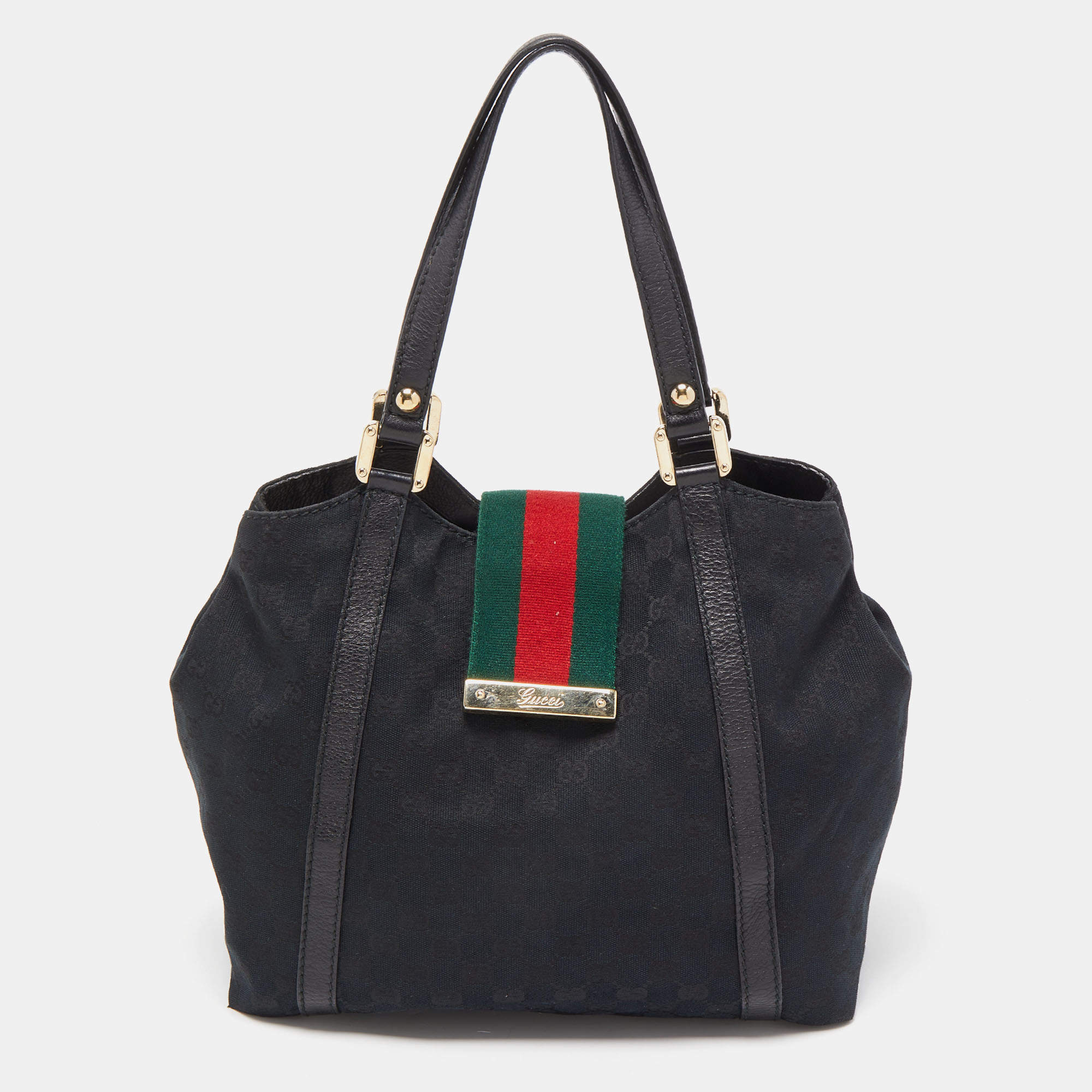 Pre Owned Gucci Black GG Canvas Medium New Ladies Web Tote