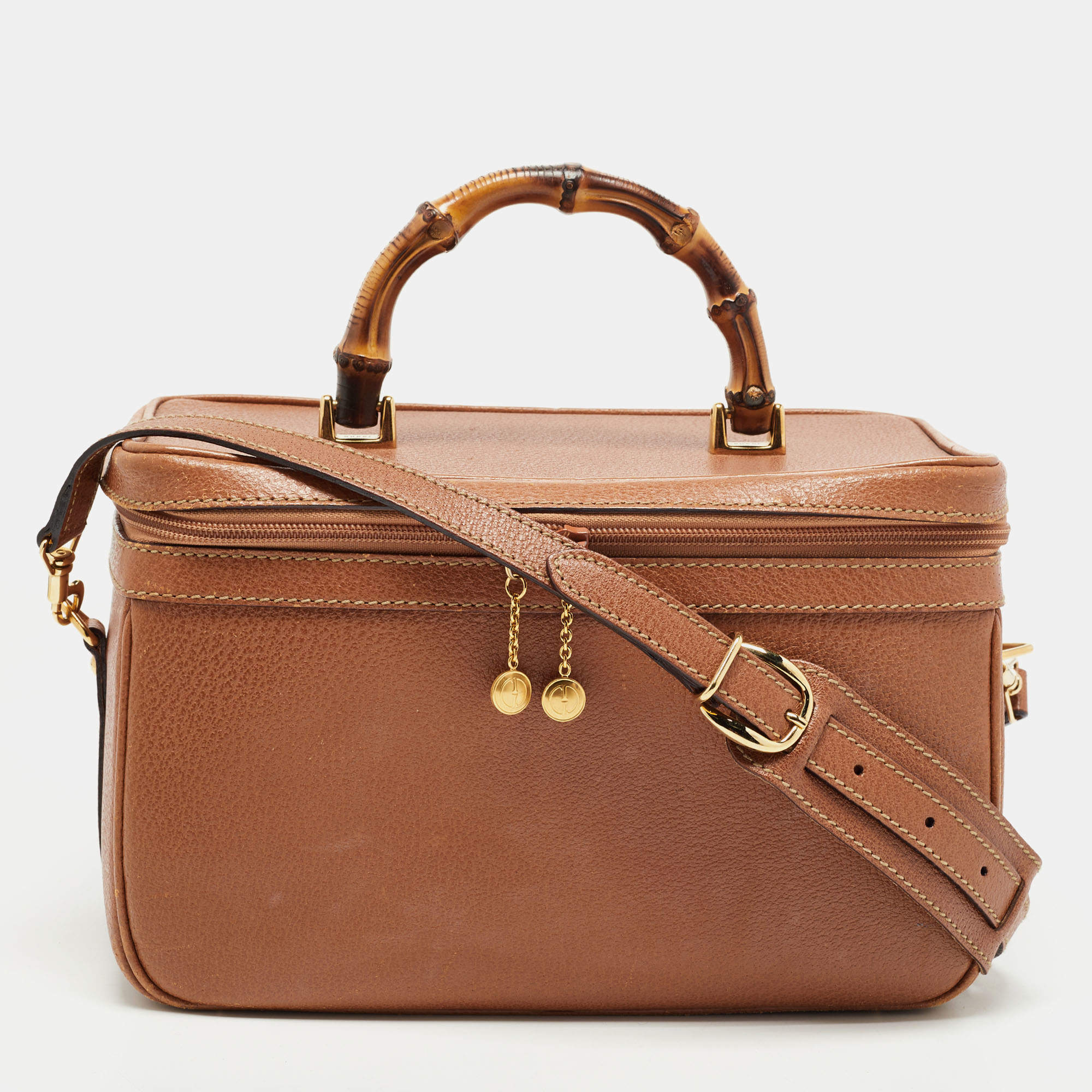 Pre Owned Gucci Brown Leather Vintage Vanity Top Handle Bag