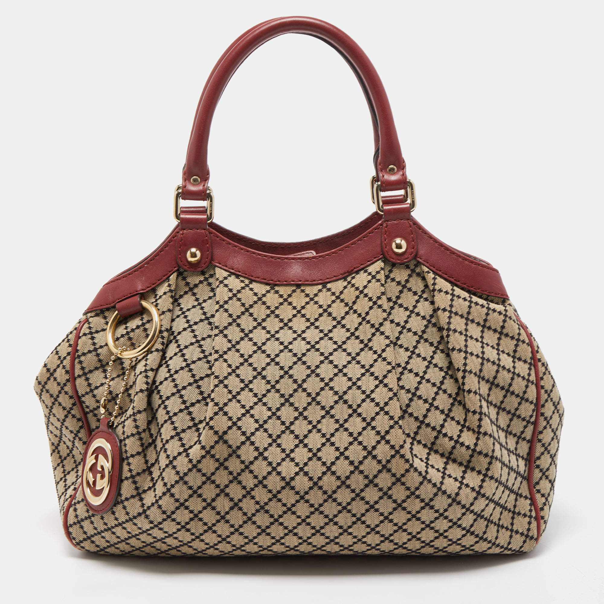 Pre Owned Gucci Red/Beige GG Canvas and Leather Medium Sukey Tote