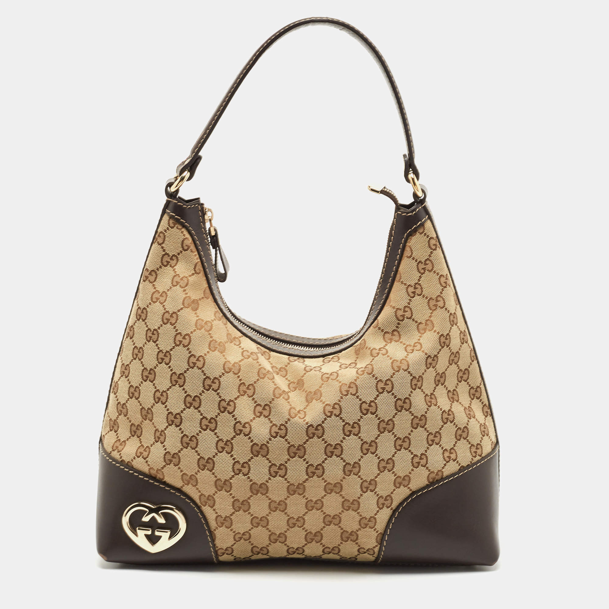 Gucci Beige GG Monogram Canvas Small Hobo Shoulder Bag Ruthenium