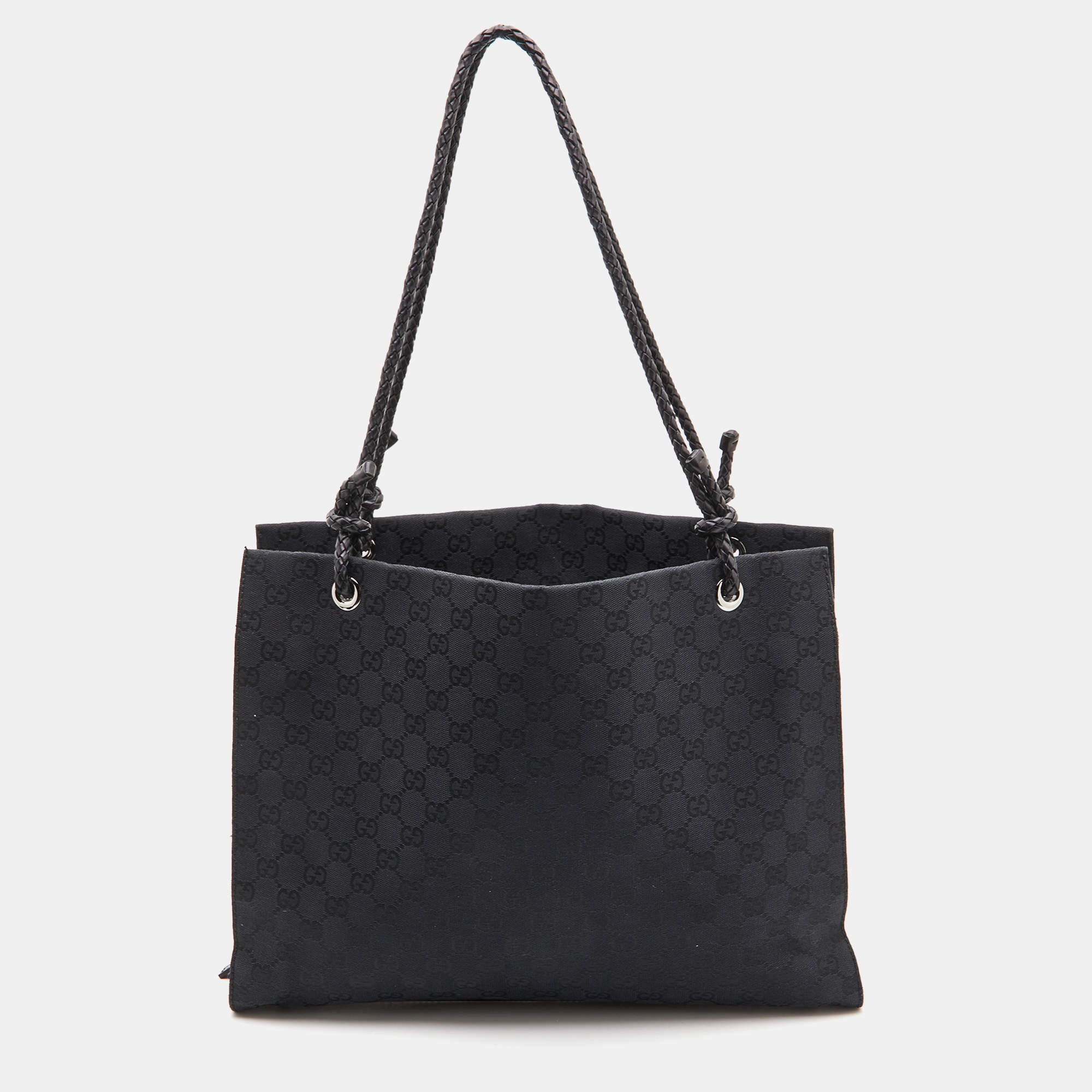 مملوكة مسبقًا Gucci Black GG Canvas and Leather Braided Handle Tote