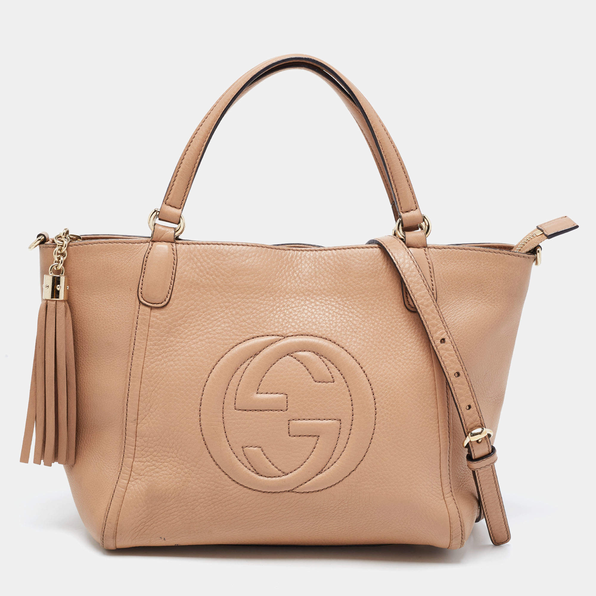 Pre Owned Gucci Beige Leather Soho Tassel Tote