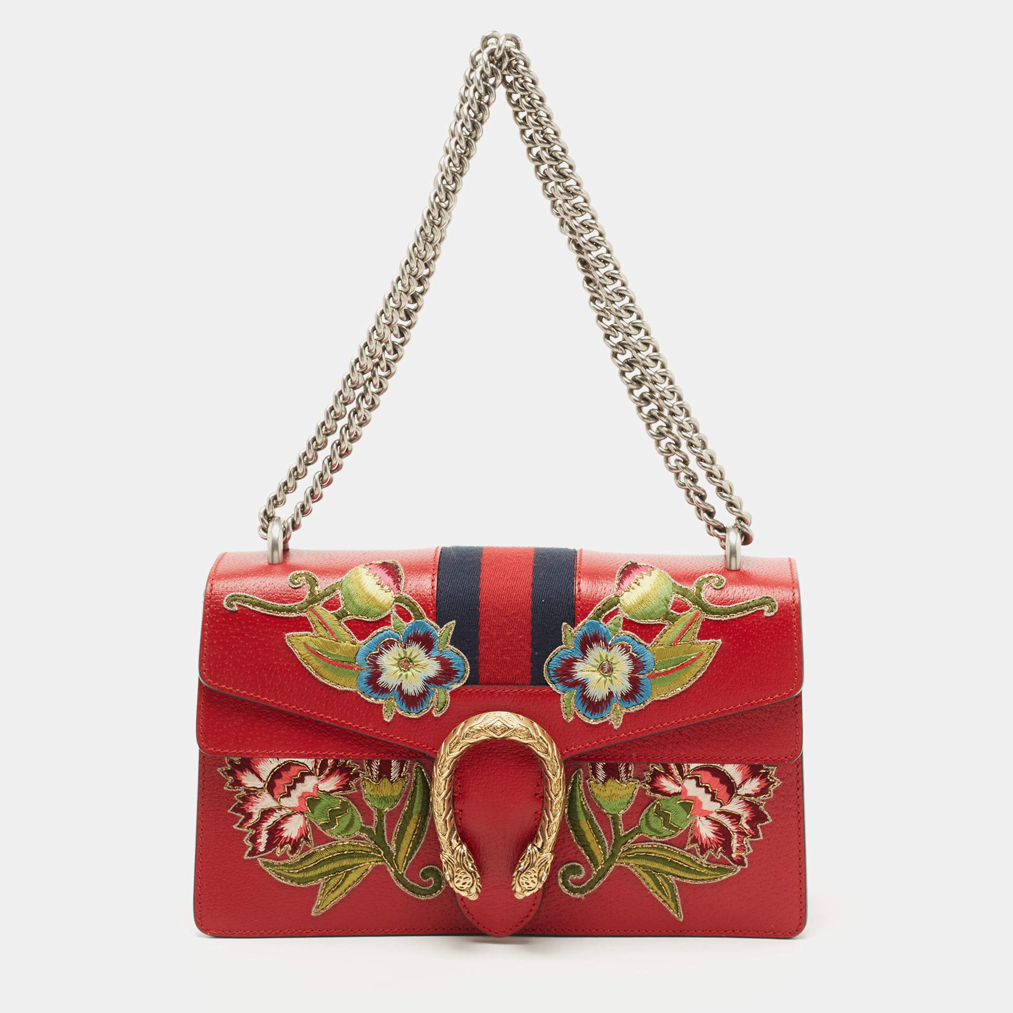 Pre Owned Gucci Red Floral Embroidered Leather Small Dionysus Shoulder Bag