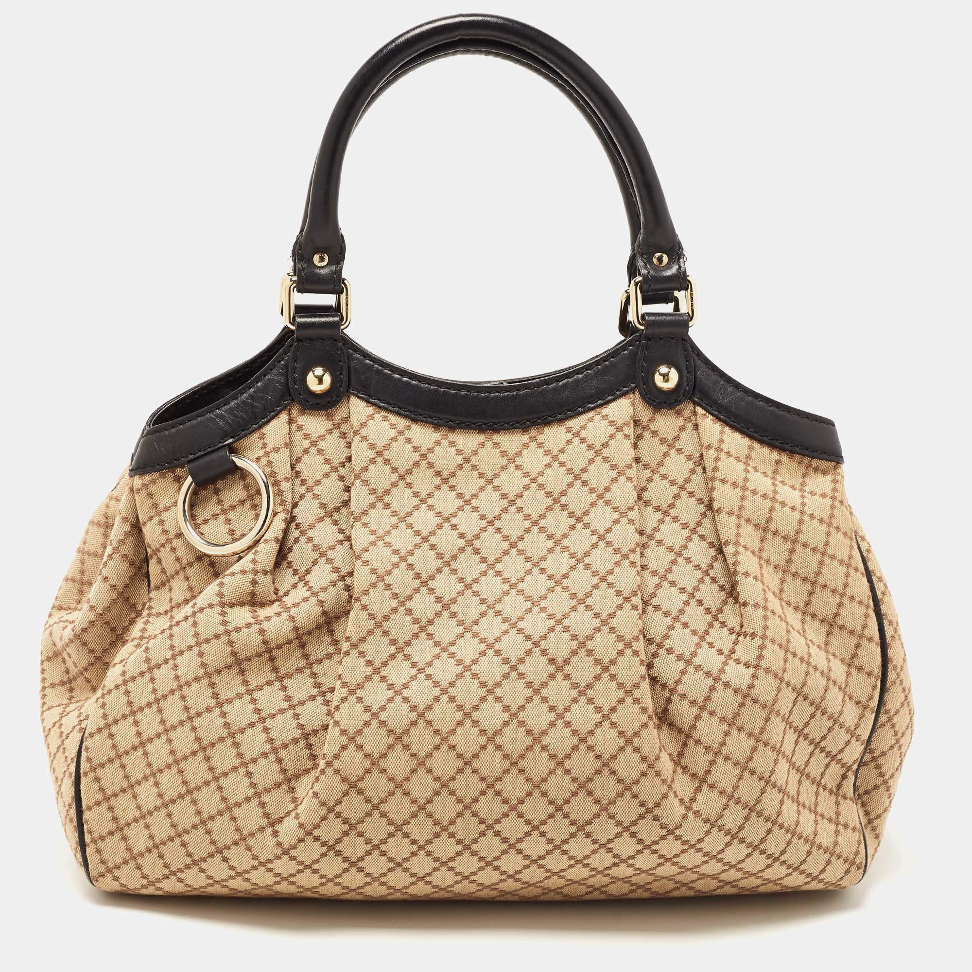 Pre Owned Gucci Beige/Black GG Canvas and Leather Medium Sukey Tote