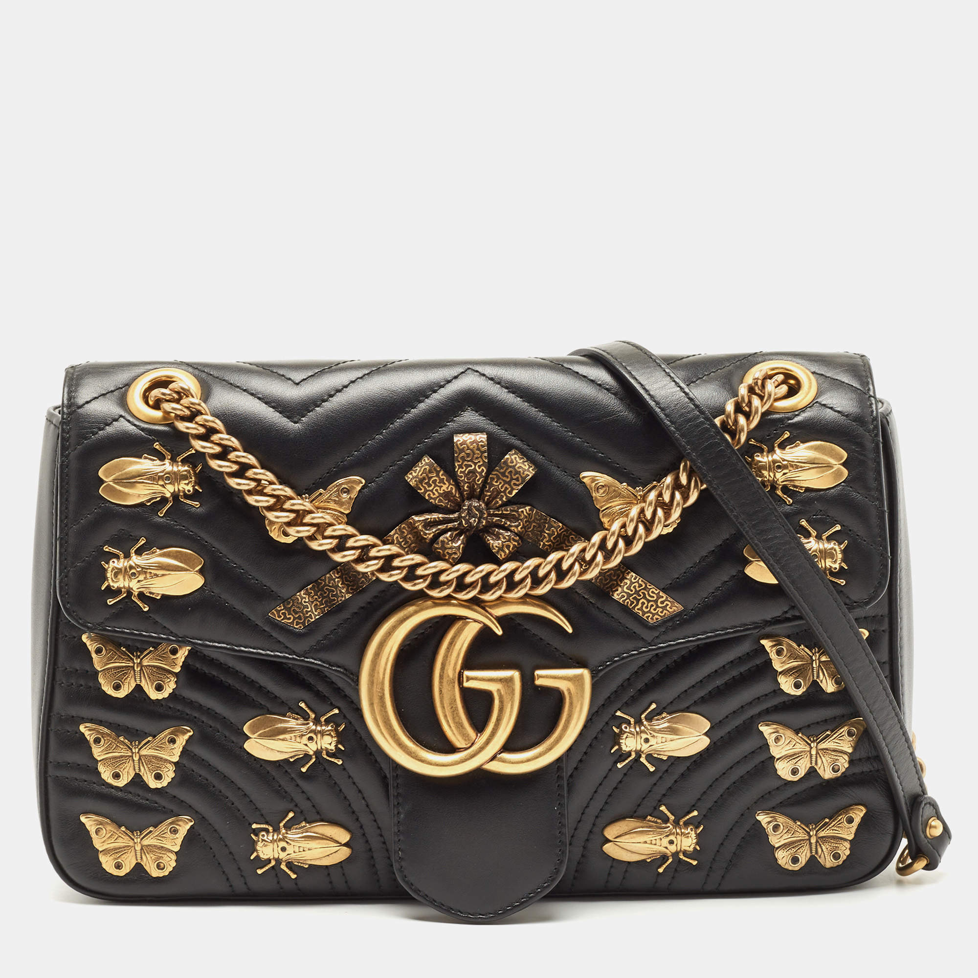 Gucci Black Matelasse Leather Medium GG Marmont Animal Studs Shoulder Bag