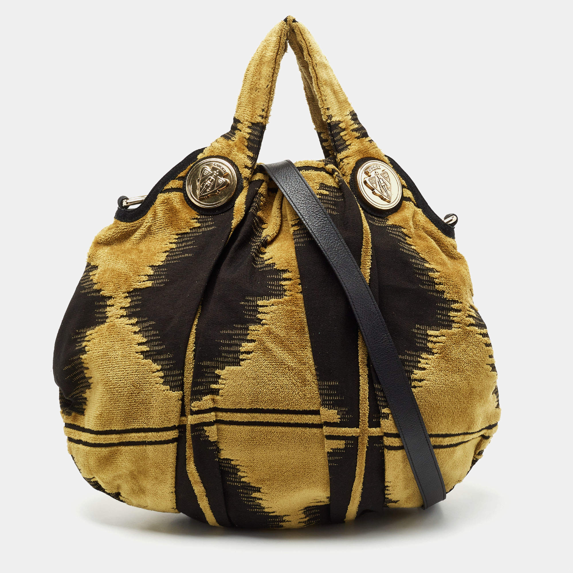 Pre Owned Gucci Yellow/Black Pleated Fabric and Suede Large Hysteria Hobo