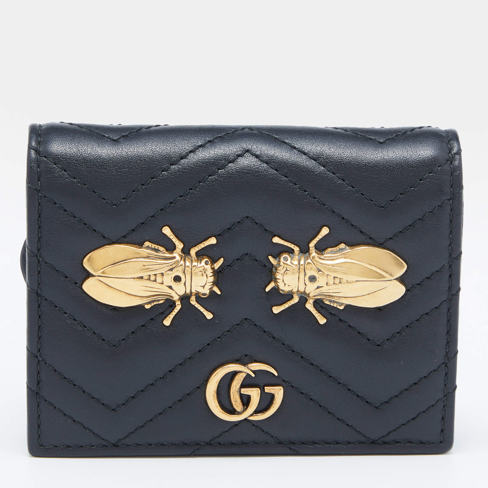 Gucci Black Matelassé Leather Cicada GG Marmont Card Case