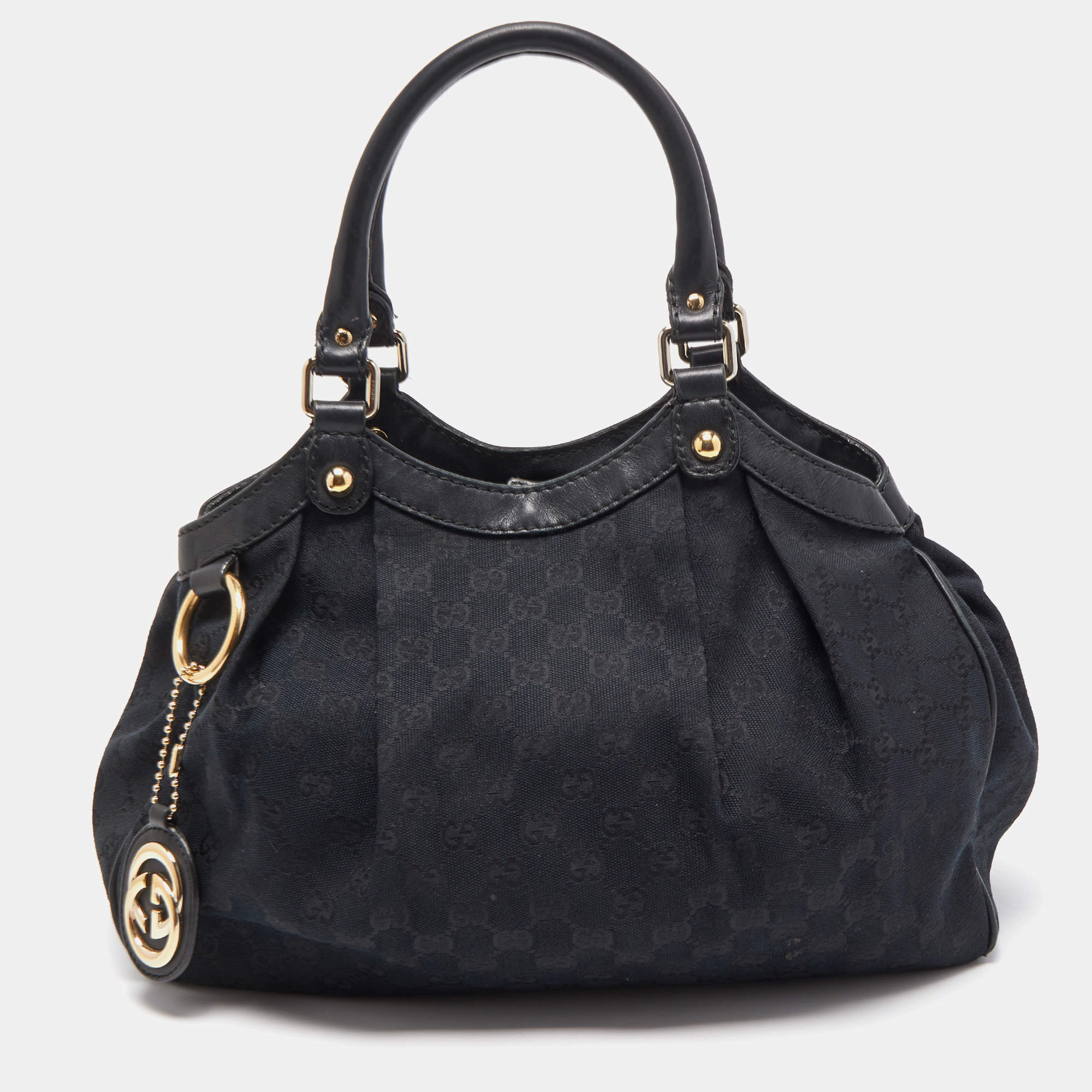 Pre Owned Gucci Black GG Canvas and Leather Medium Sukey Tote