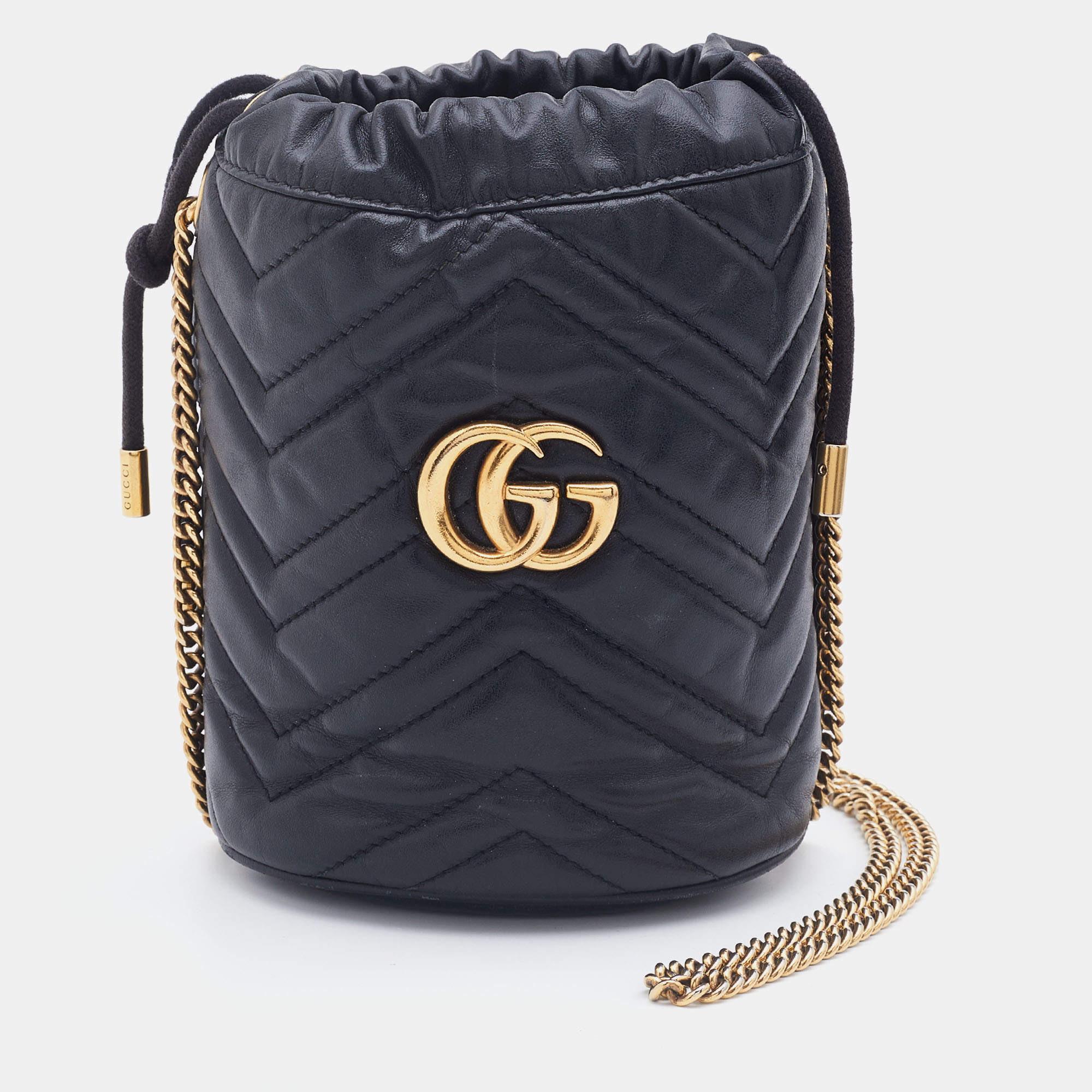 Gucci Black Matelassé Leather Mini GG Marmont Bucket Bag