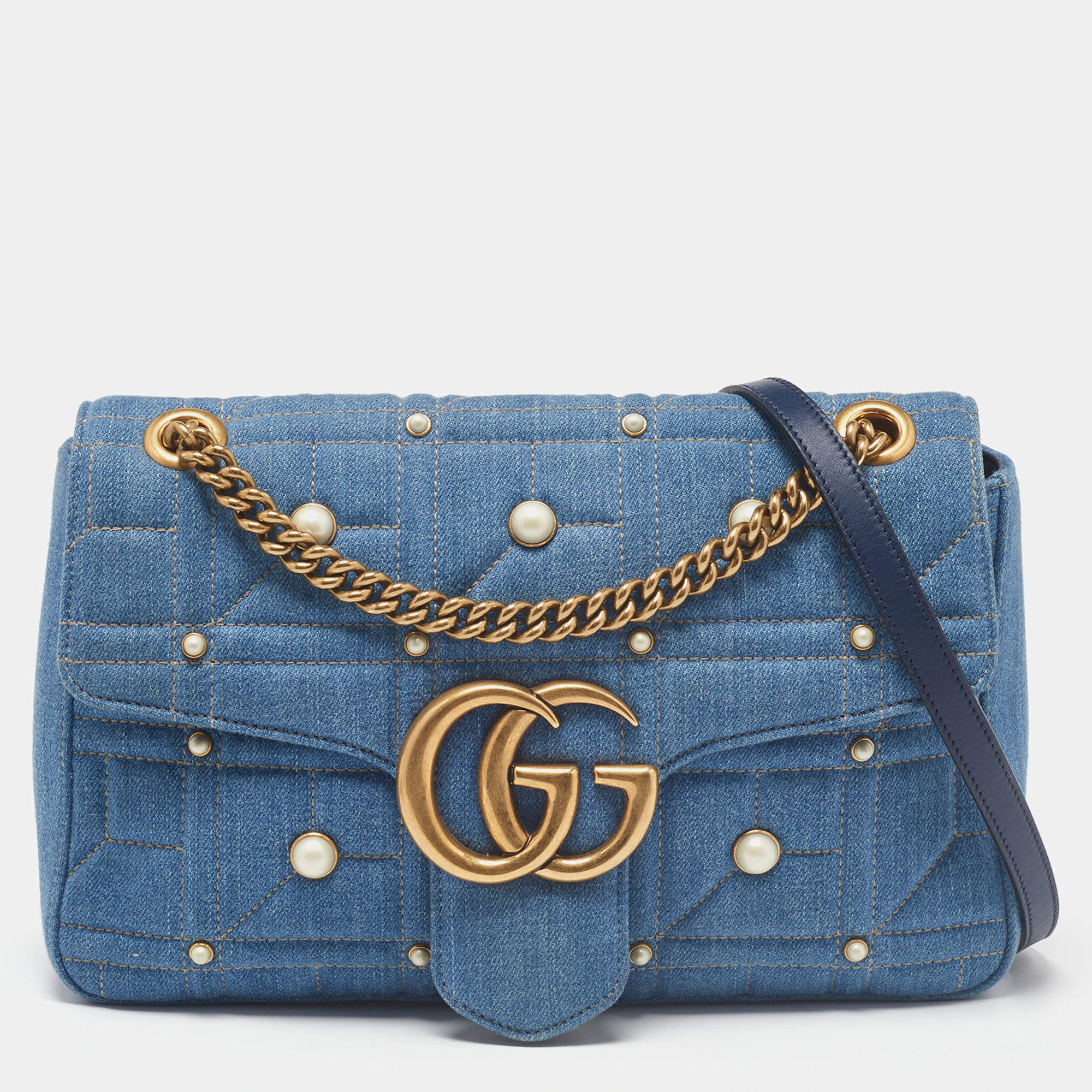 Gucci Blue Matelassé Denim Medium Pearl Embellished GG Marmont Shoulder Bag