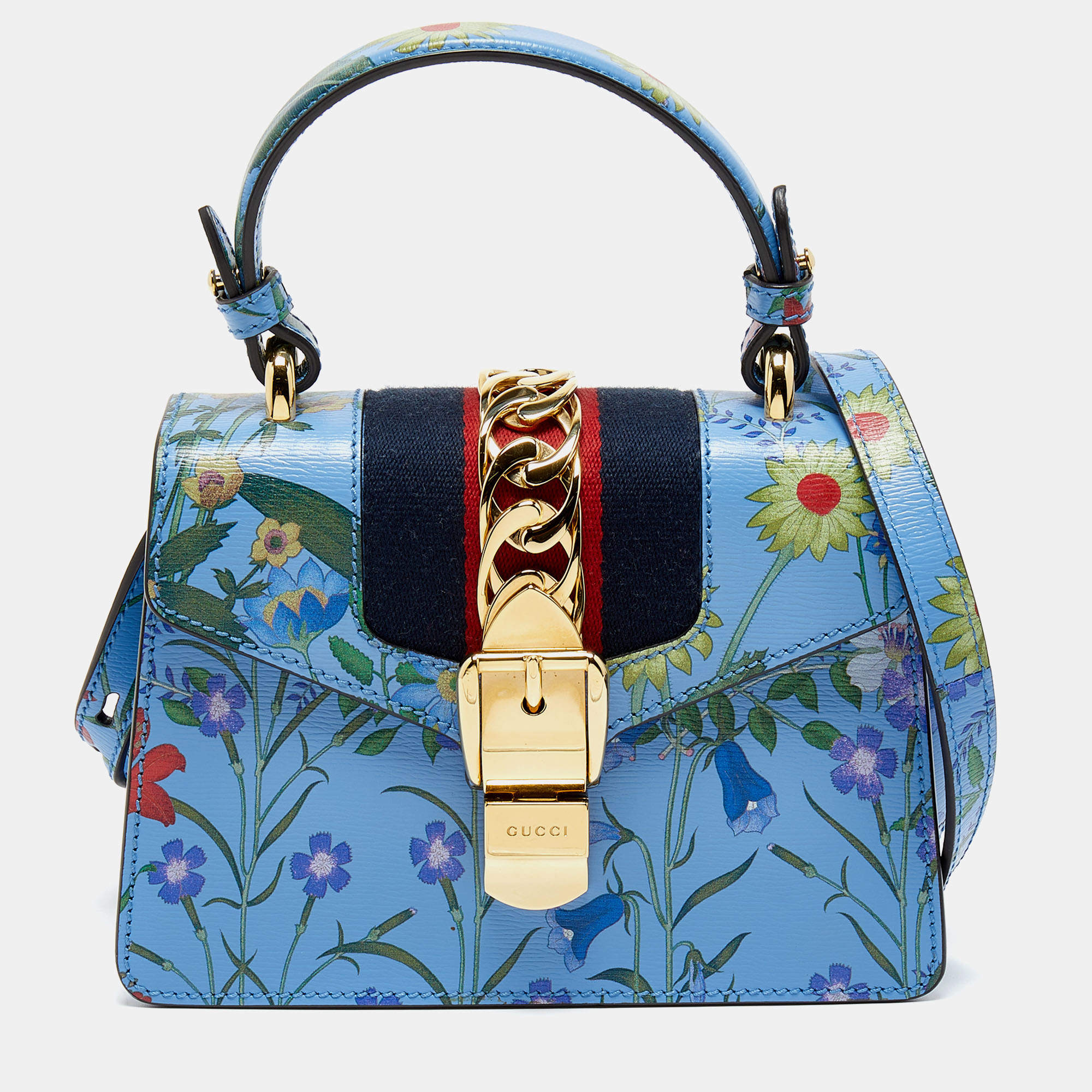 Gucci Blue Floral Print Leather Mini Web Sylvie Top Handle Bag