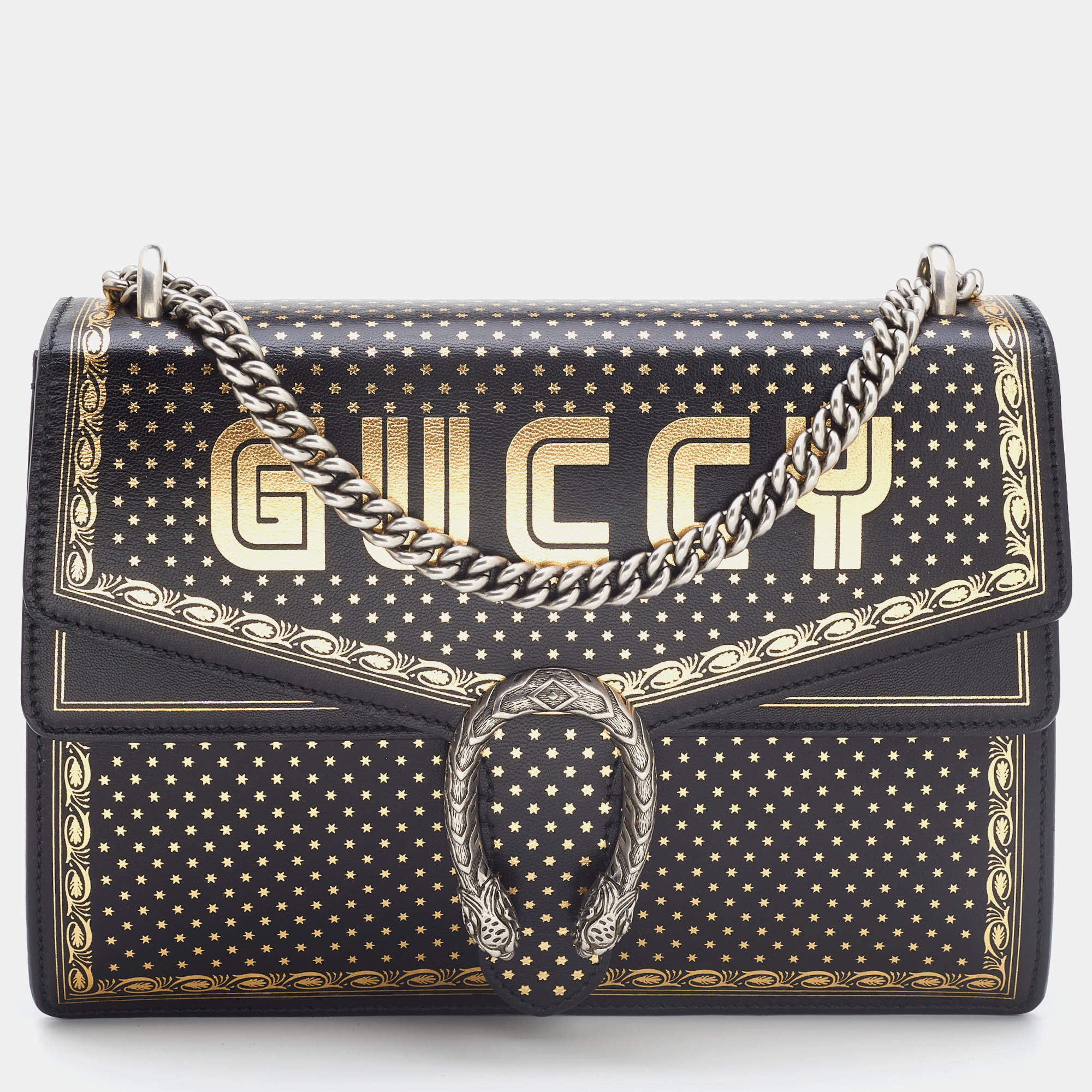 Pre Owned Gucci Black/Gold Leather Medium Dionysus GUCCY Star Shoulder Bag