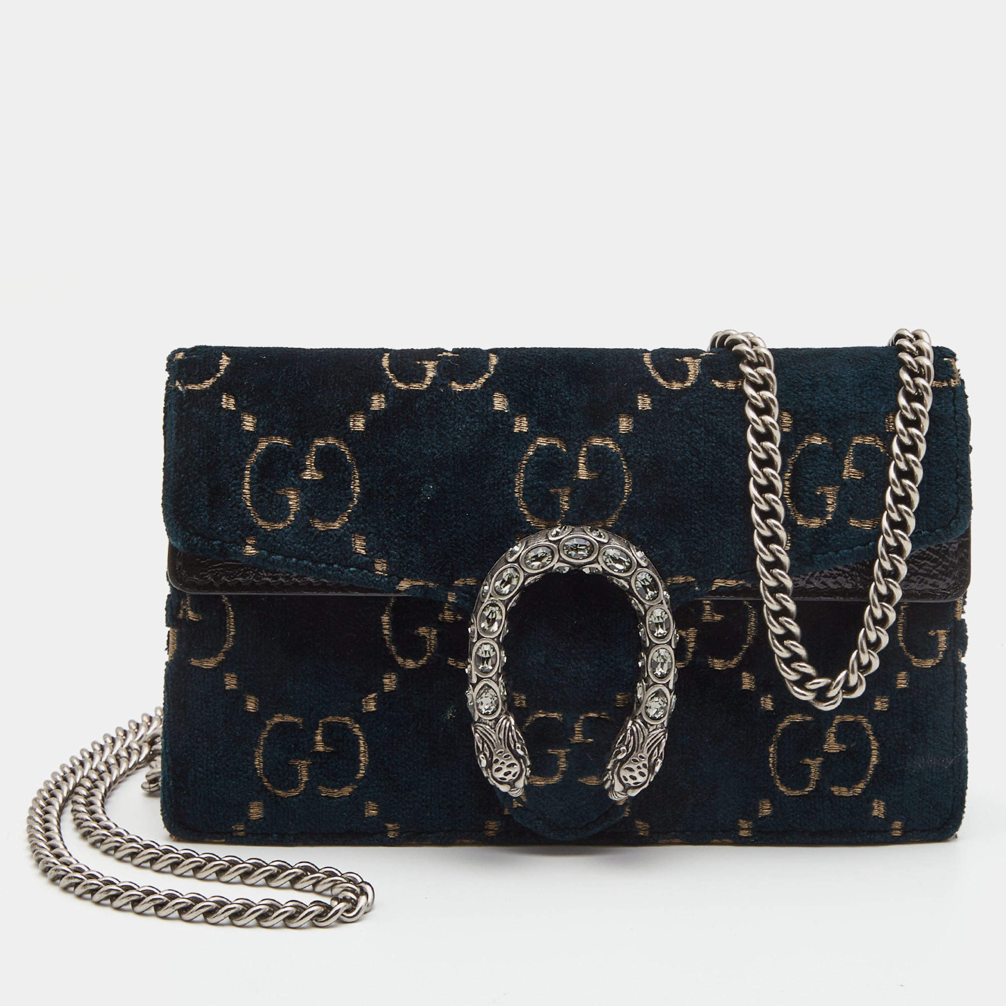 Pre Owned Gucci Green GG Velvet Super Mini Dionysus Crossbody Bag