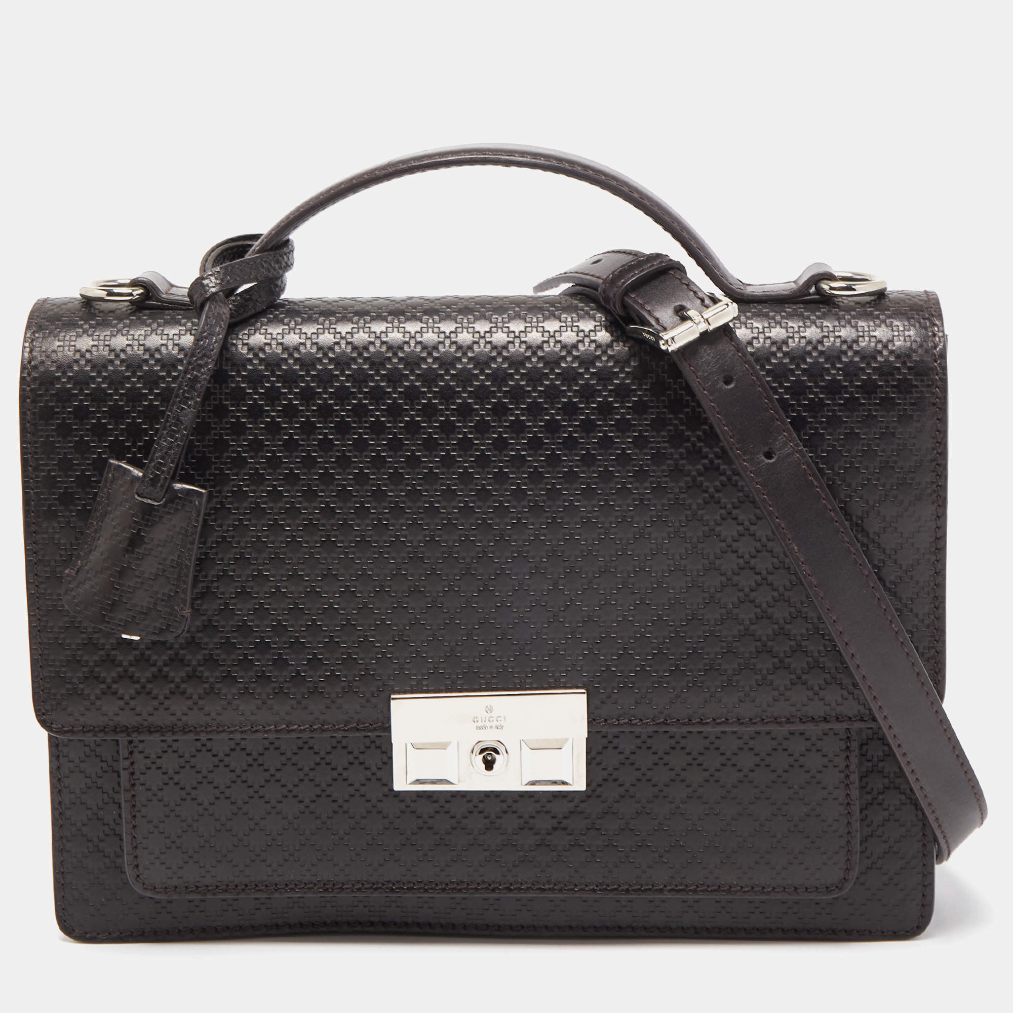 Pre Owned Gucci Dark Brown Micro Diamante Leather Business Top Handle Bag
