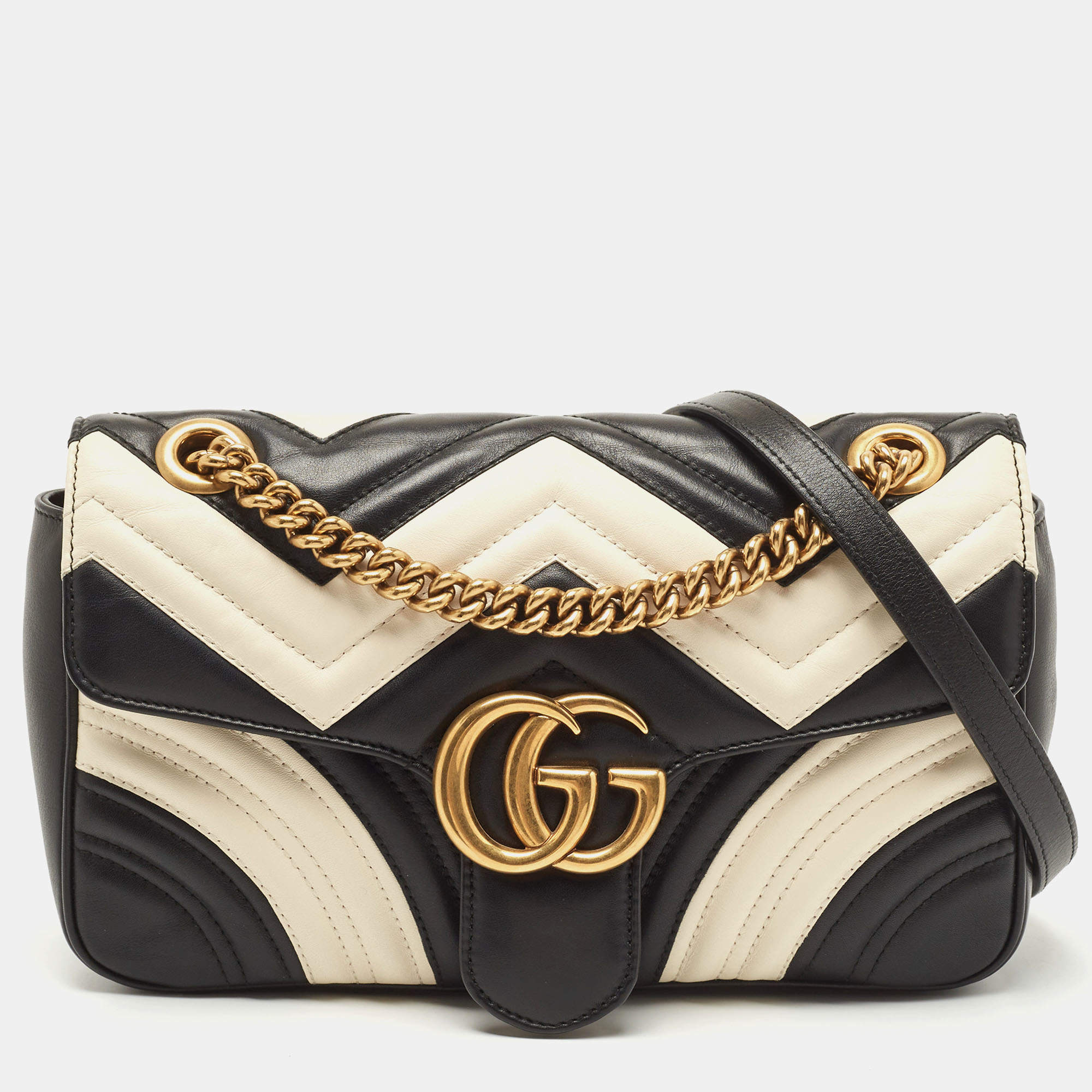 Gucci Black/White Matelassé Leather Small GG Marmont Shoulder Bag