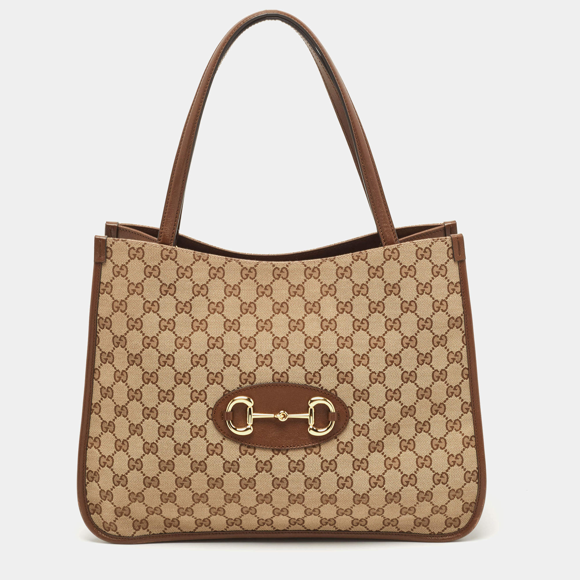 Pre Owned Gucci Brown/Beige GG Canvas and Leather Horsebit 1955 Tote