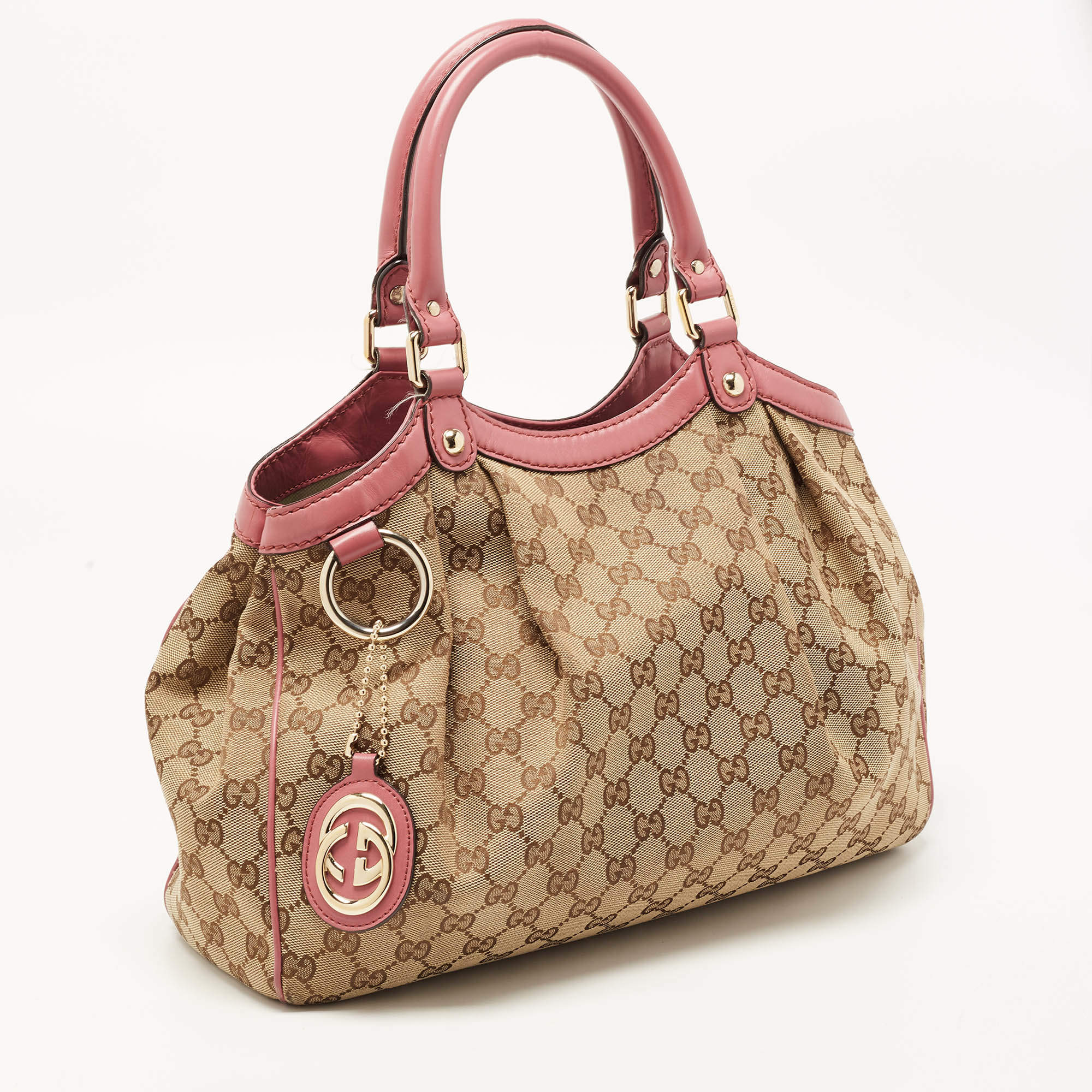 Gucci Monogram Canvas & Pink Leather Sukey Tote Bag with Gold, Lot #20045