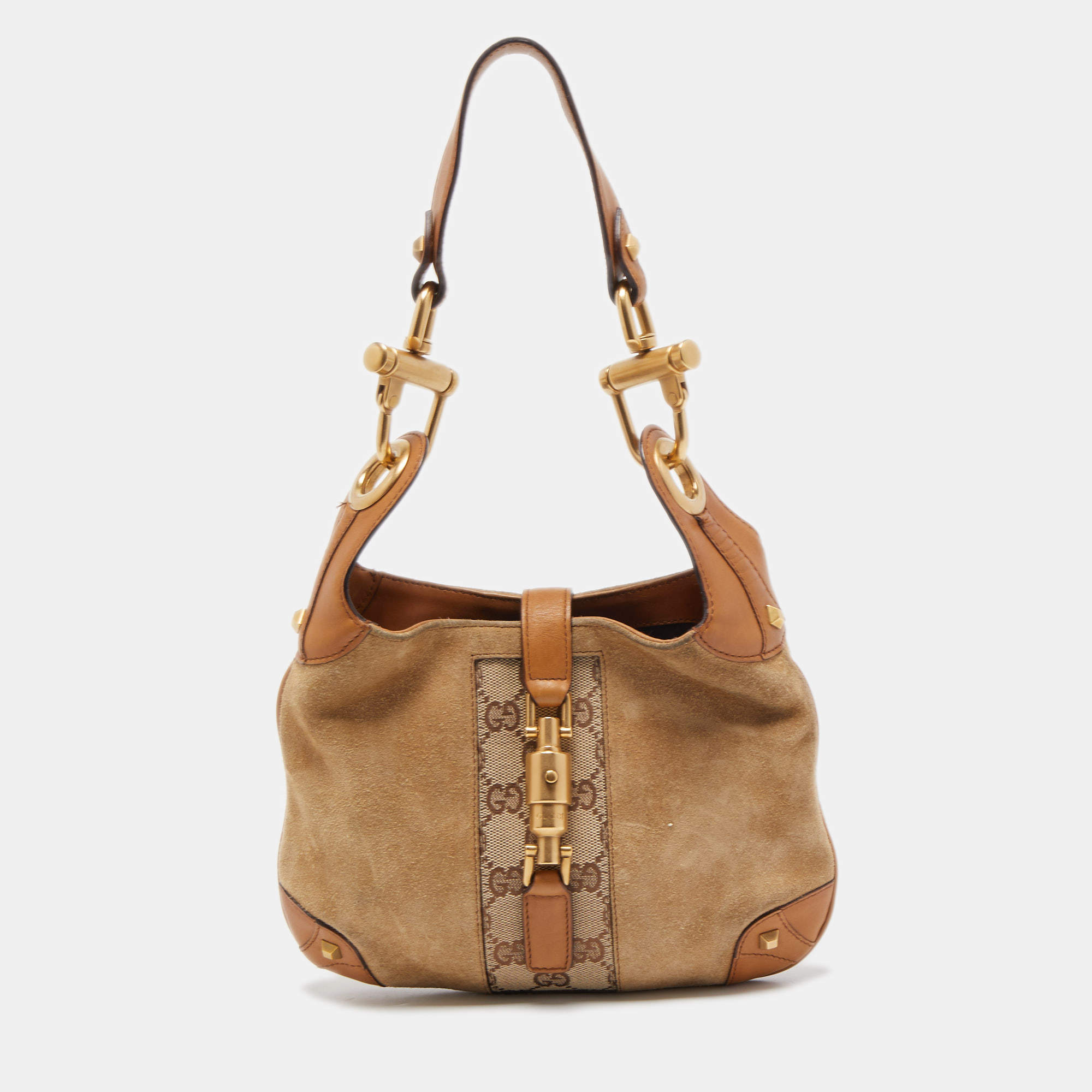 Pre Owned Gucci Beige/Brown Suede, Leather and GG Canvas Jackie O Hobo